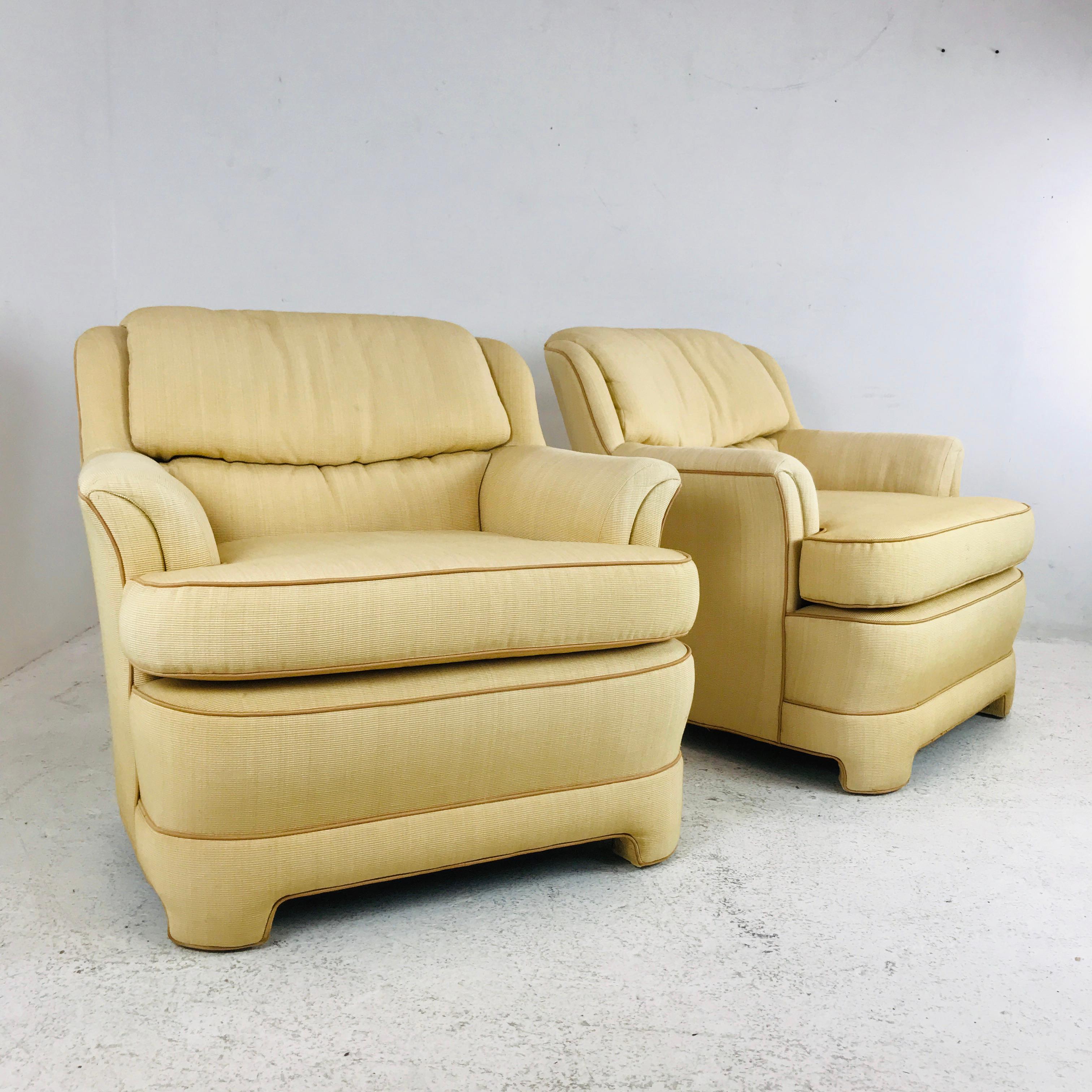Pair of beige 1980s Marge Carson armchairs with original tag. Reupholstery recommended.
