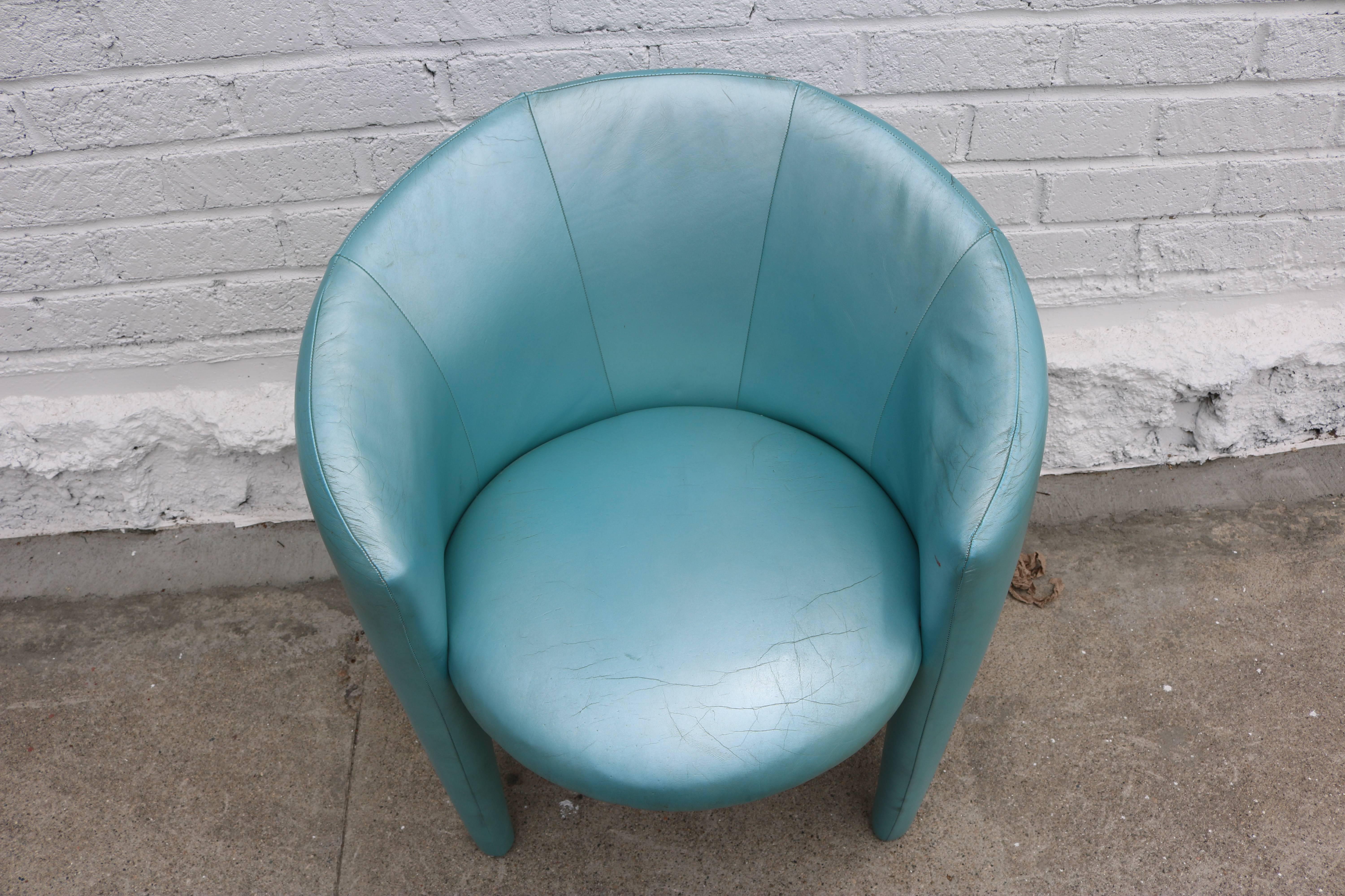 Pair of 1980s Memphis Style Chairs in Aquamarine Leather 1