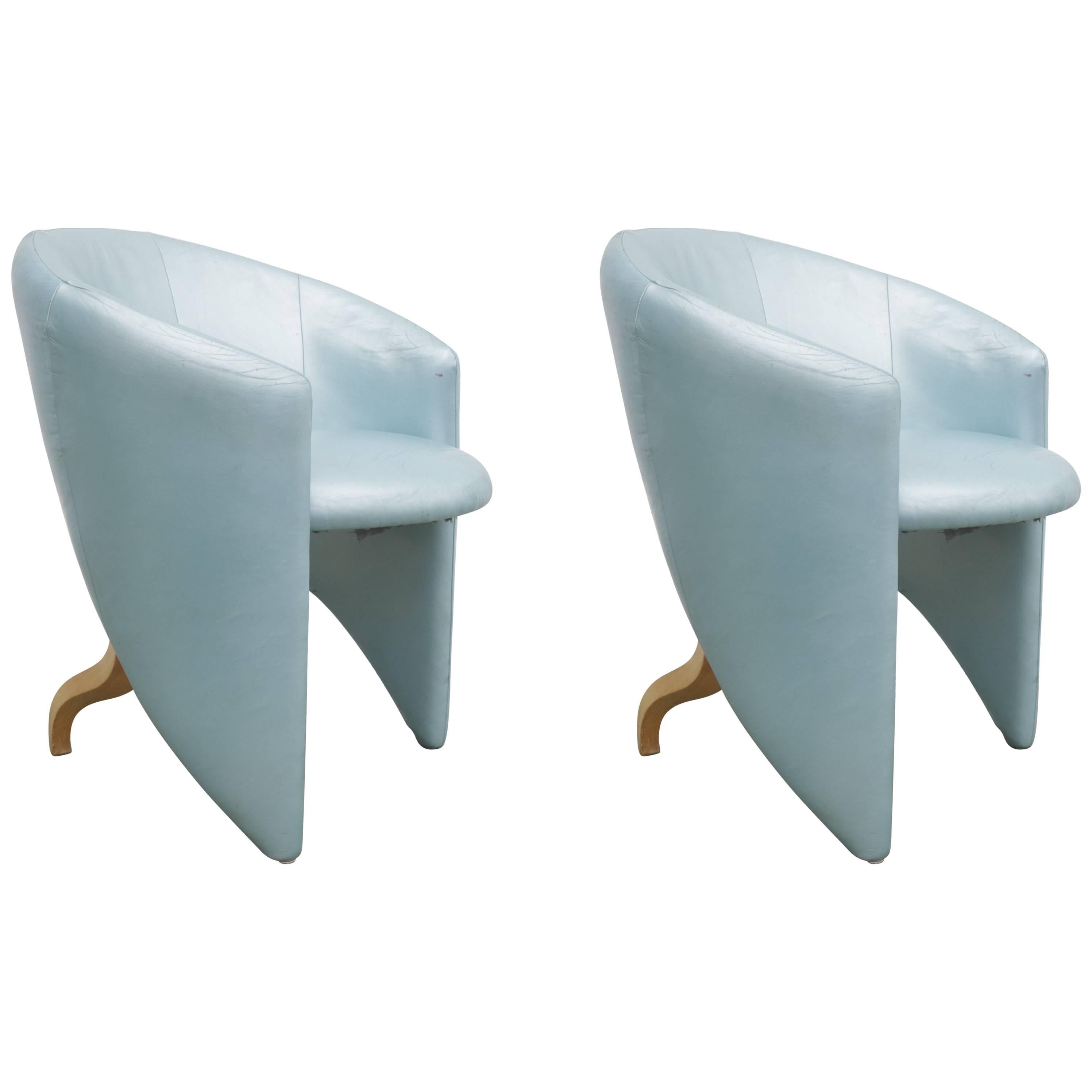 Pair of 1980s Memphis Style Chairs in Aquamarine Leather