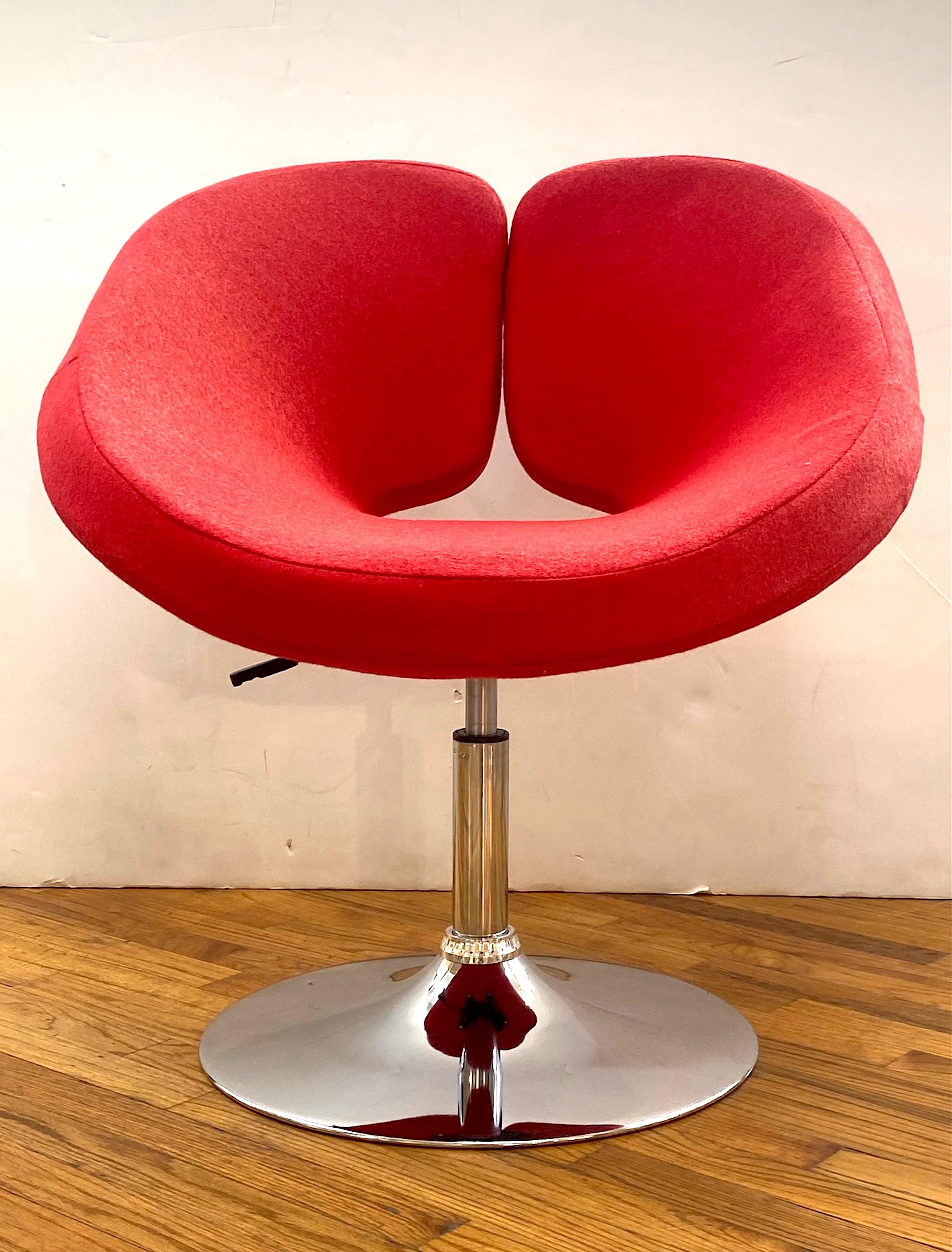 A statement making pair of modern ribbon style seat and adjustable chairs from the early 1980s. No makers mark but quality pieces. Fresh from an estate and purchased by the owners in 1983, the chairs feature a trumpet shape pedestal base and red