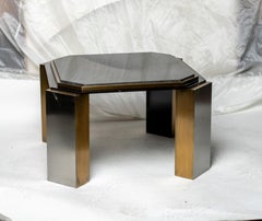 Pair of 1980's Modernist Low Tables in Enameled Steel and Patinated Brass