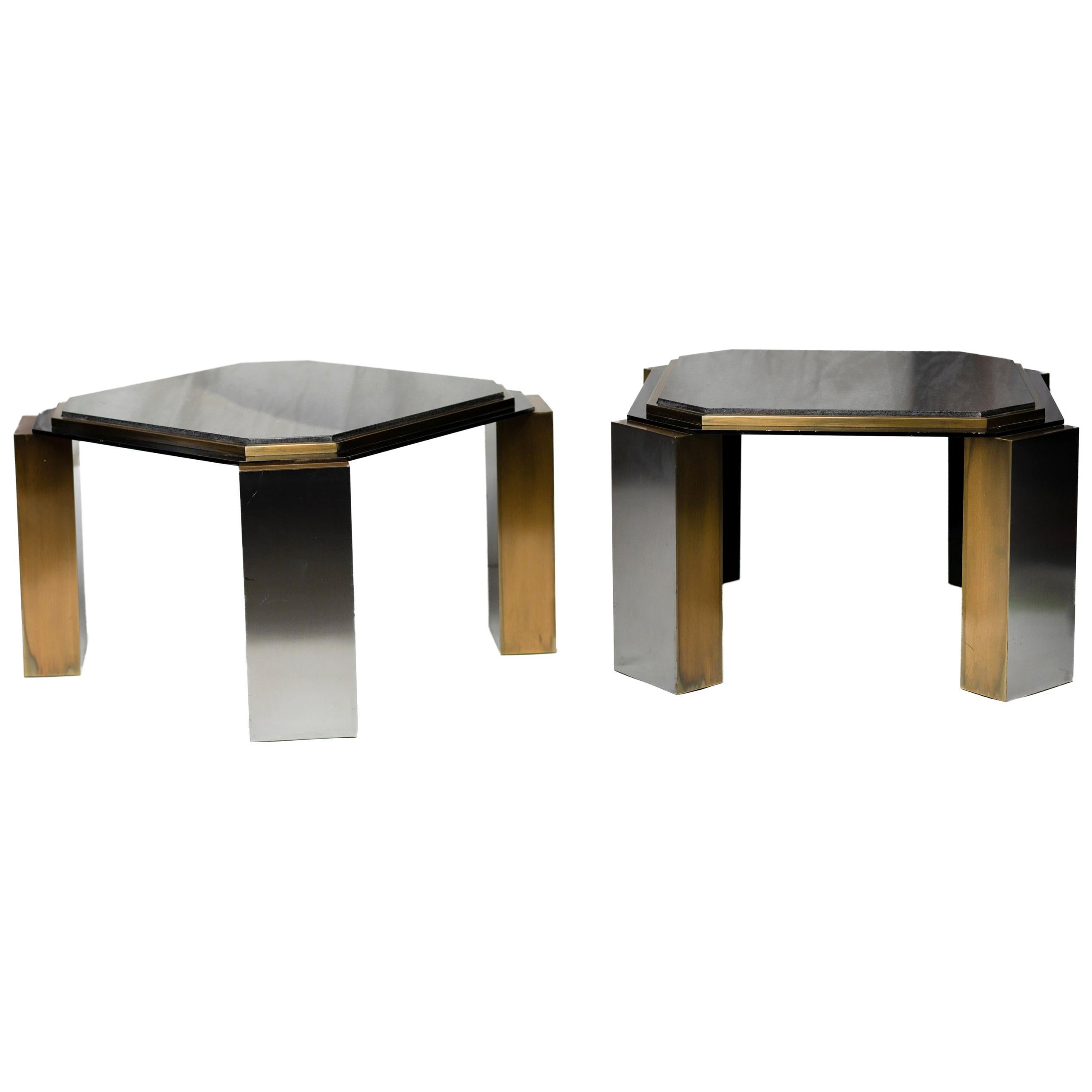 Pair of 1980's Modernist Low Tables in Enameled Steel and Patinated Brass