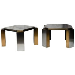 Pair of 1980's Modernist Low Tables in Enameled Steel and Patinated Brass