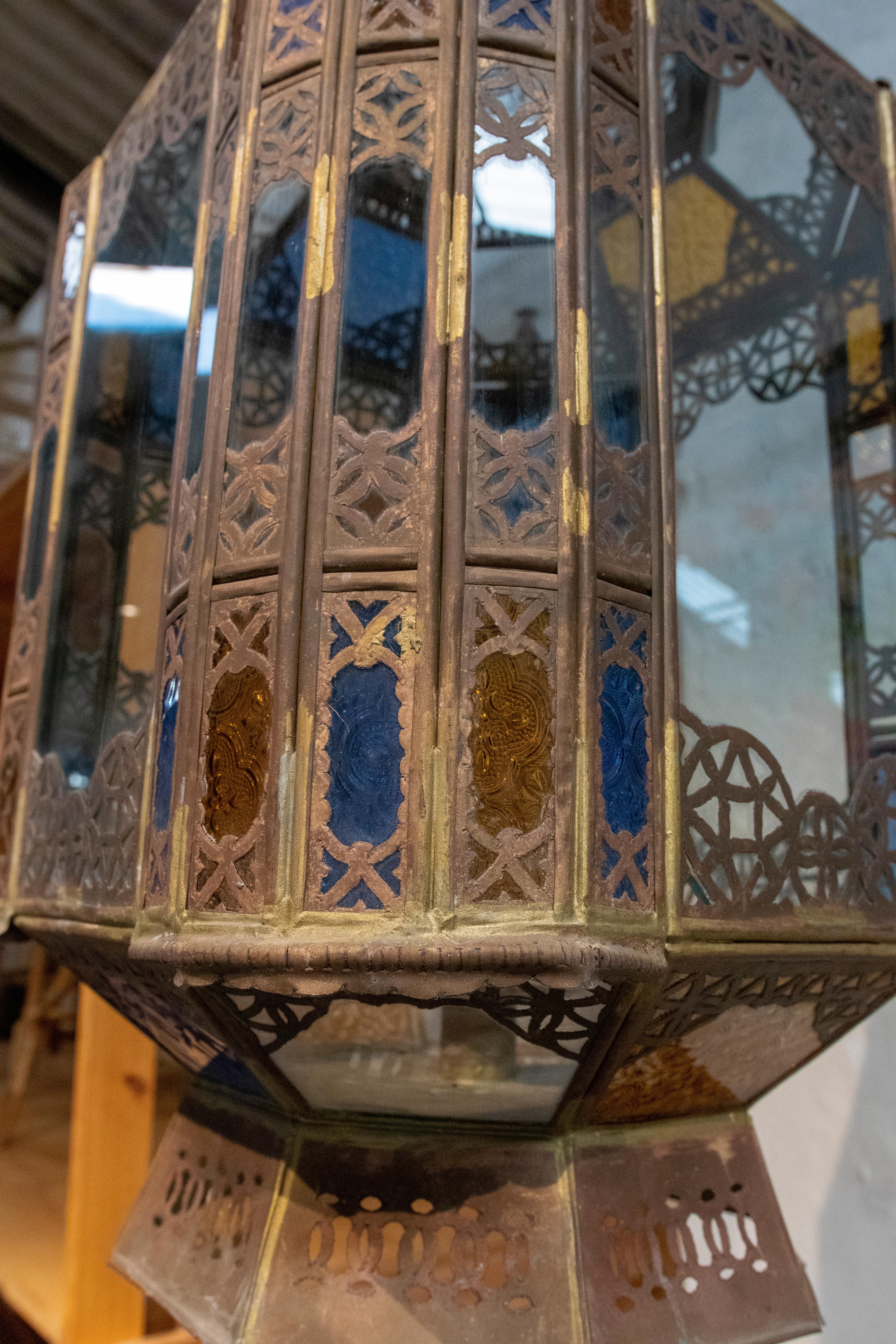 Pair of 1980s Moroccan Iron Hanging Lantern Lamp w/ Coloured Glass 6