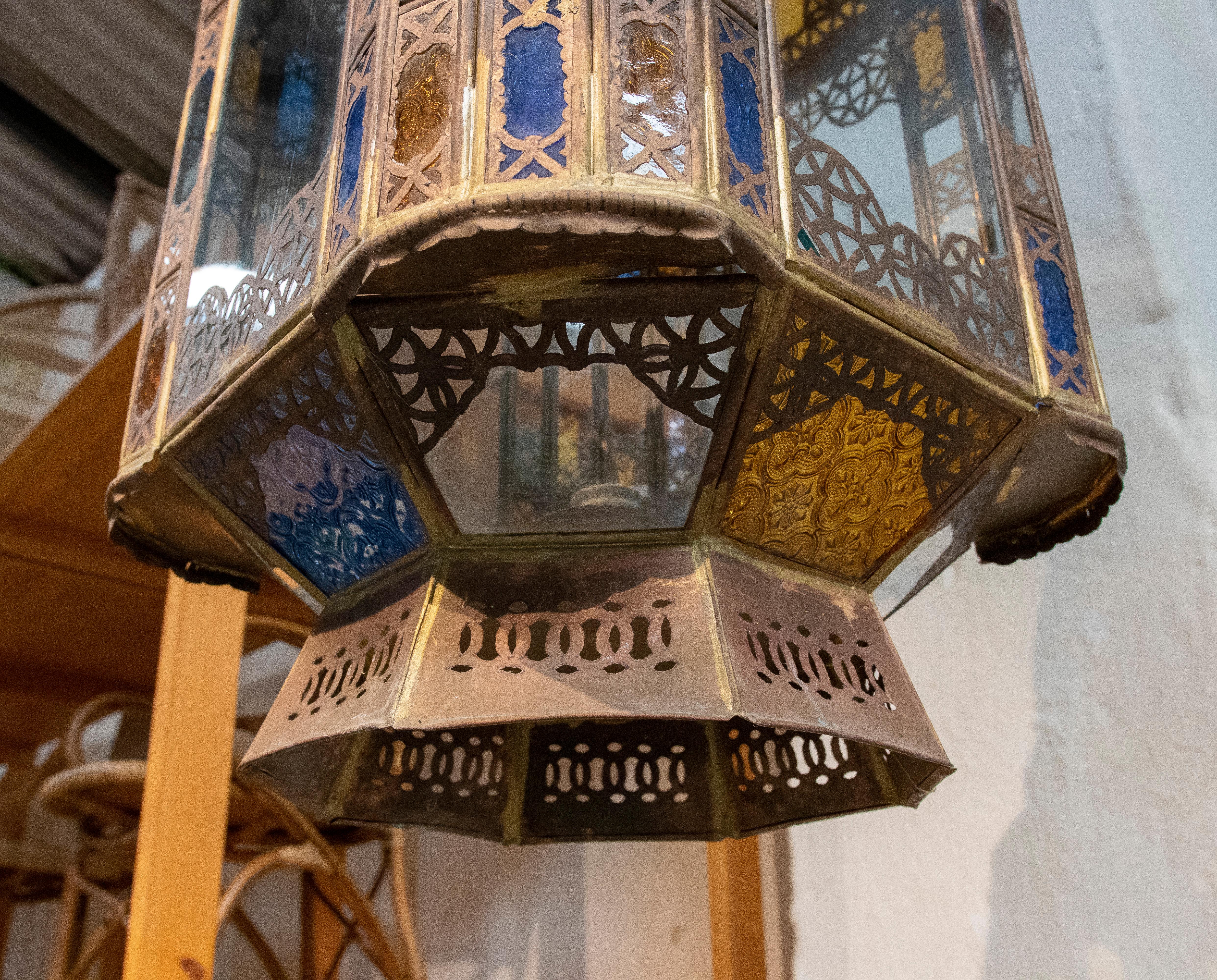 Pair of 1980s Moroccan Iron Hanging Lantern Lamp w/ Coloured Glass 7