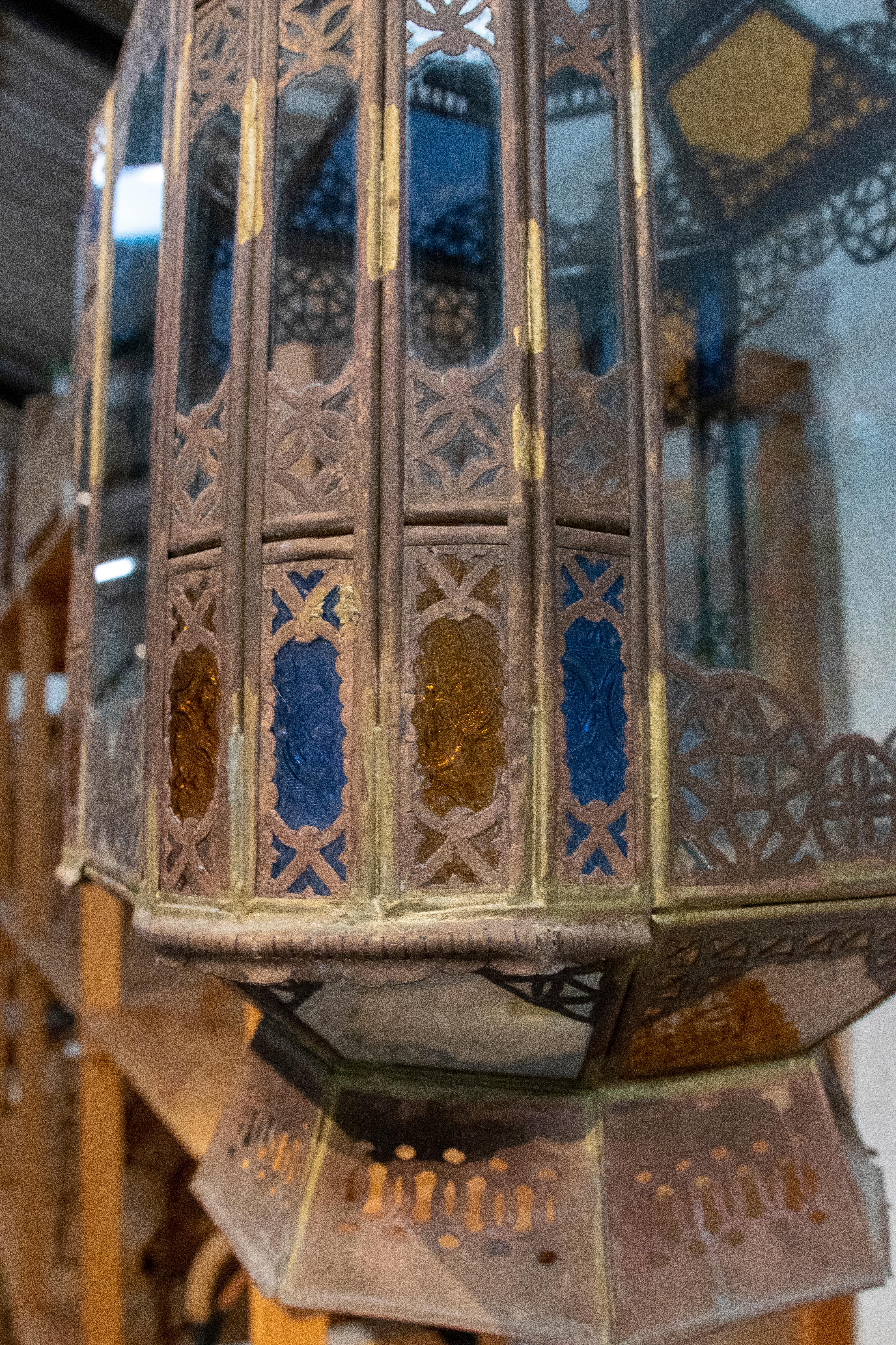 Pair of 1980s Moroccan Iron Hanging Lantern Lamp w/ Coloured Glass 9