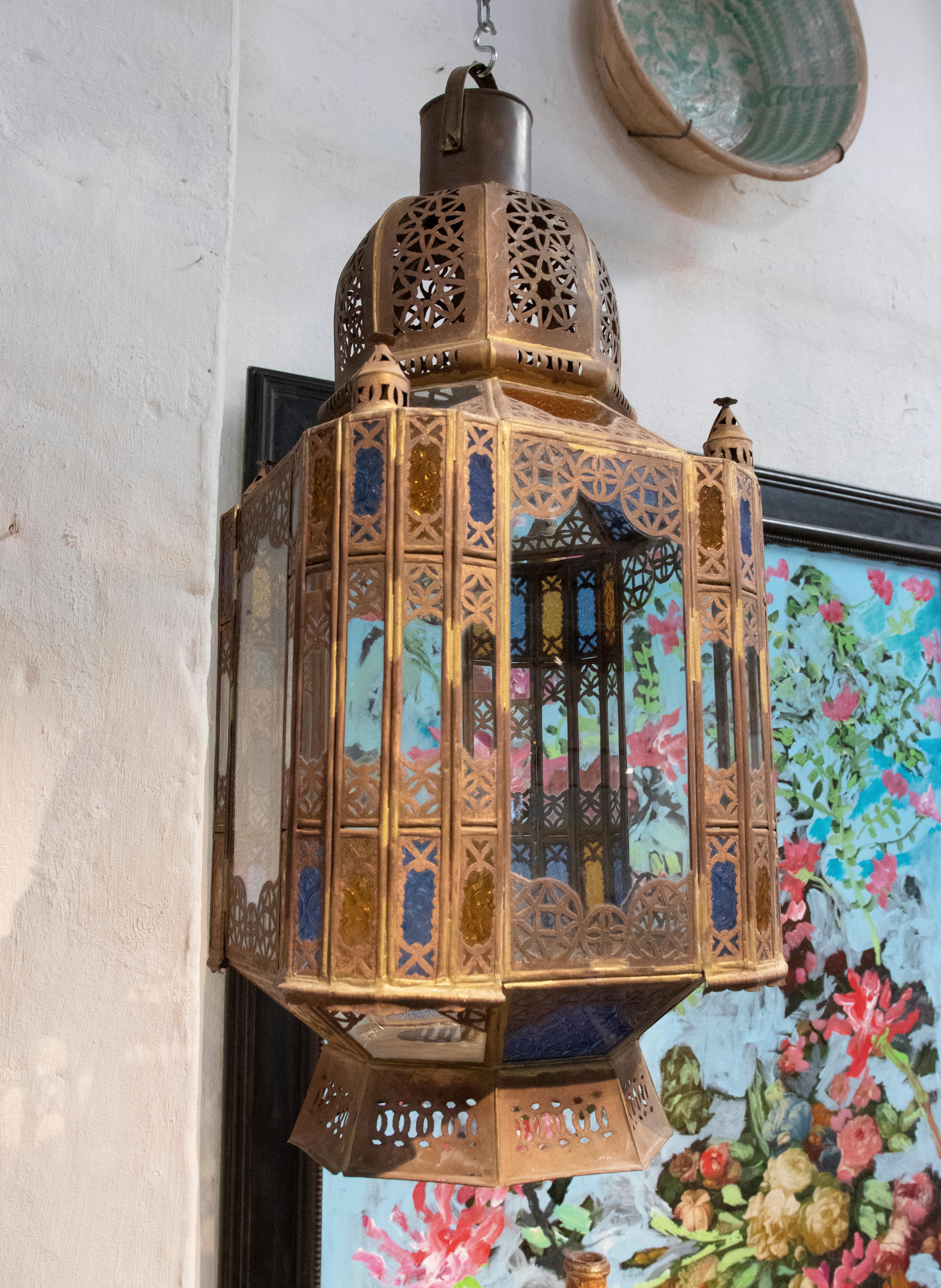 Pair of 1980s Moroccan Iron Hanging Lantern Lamp w/ Coloured Glass 10