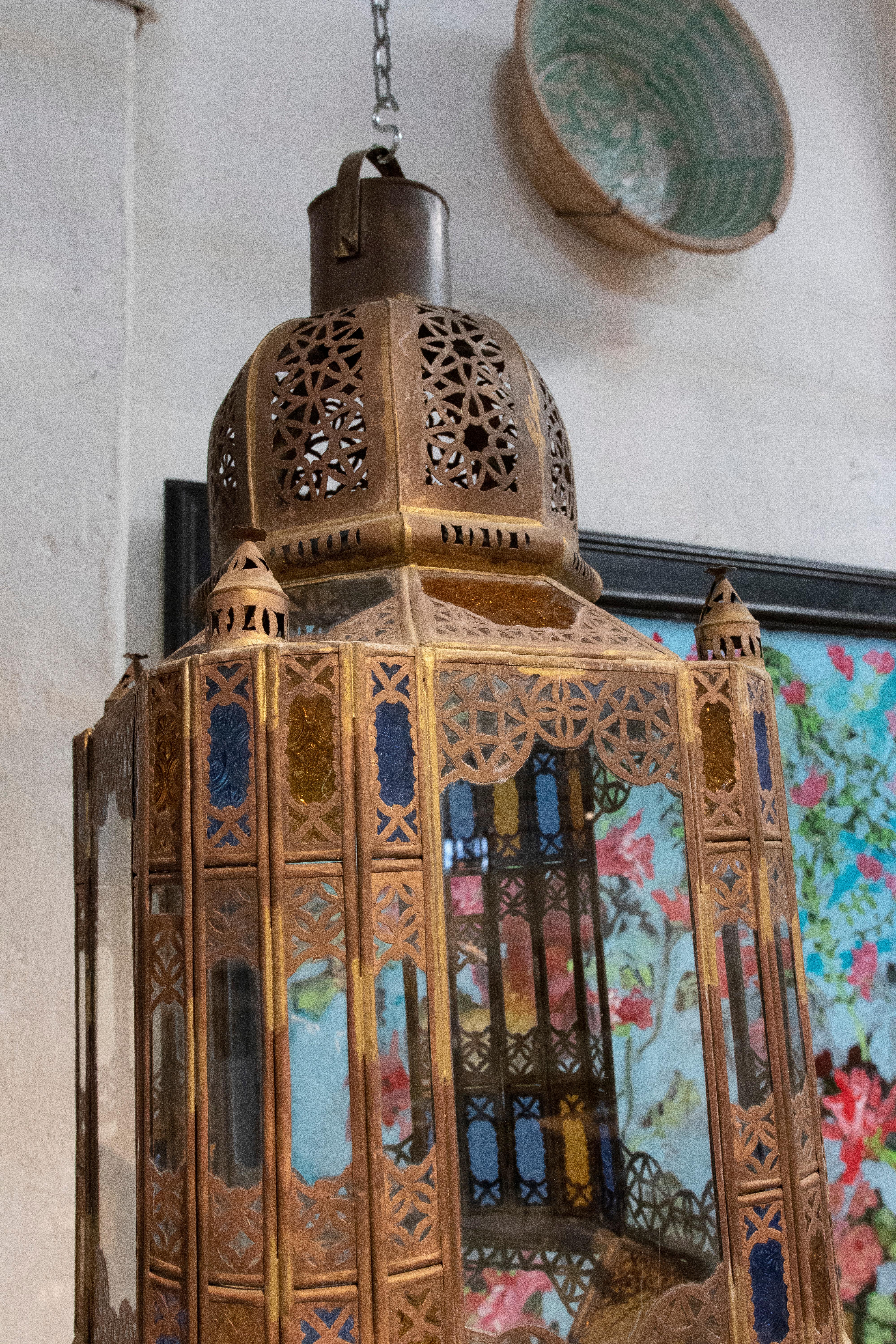 Pair of 1980s Moroccan Iron Hanging Lantern Lamp w/ Coloured Glass 11