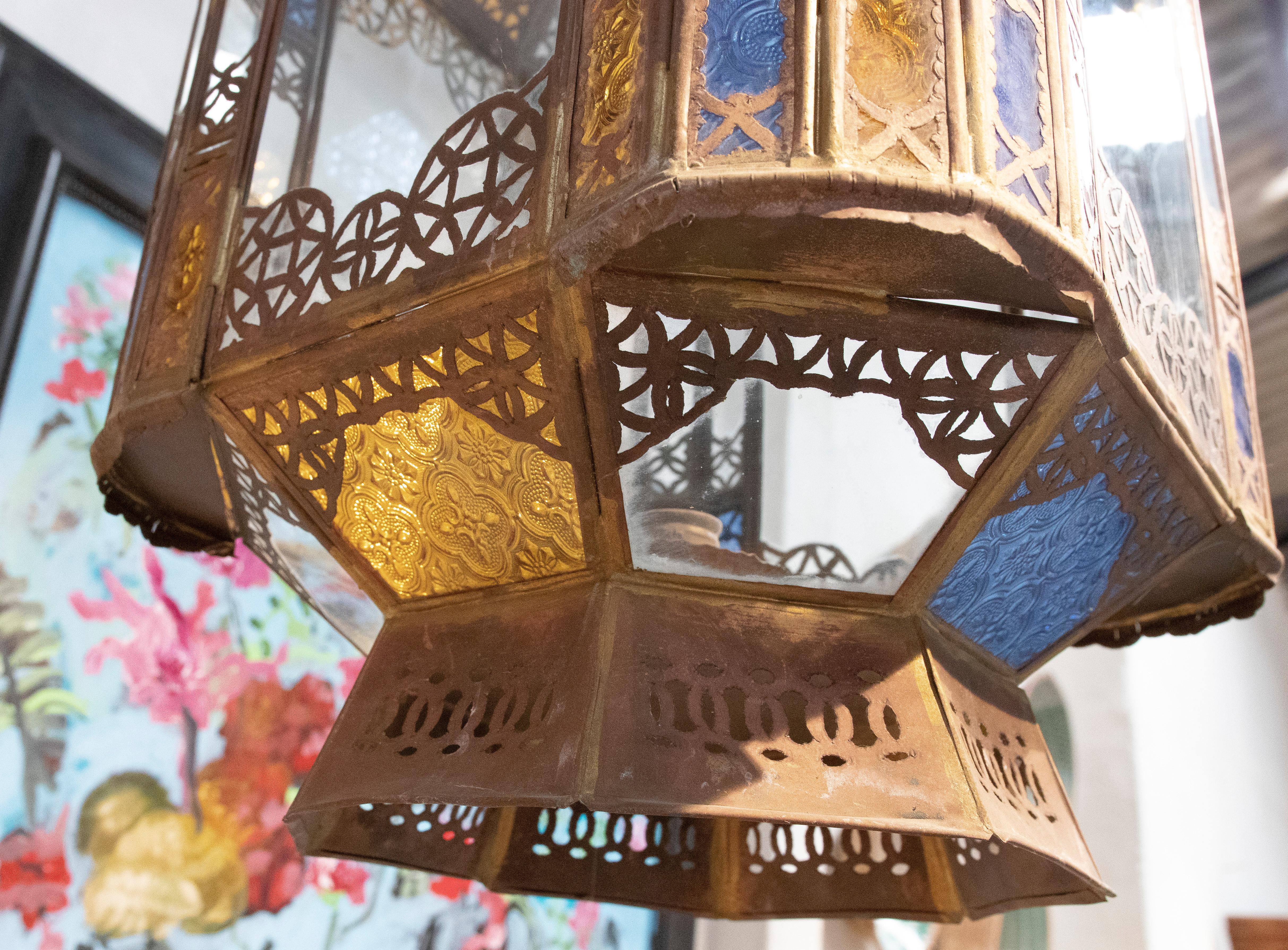 Pair of 1980s Moroccan Iron Hanging Lantern Lamp w/ Coloured Glass 13