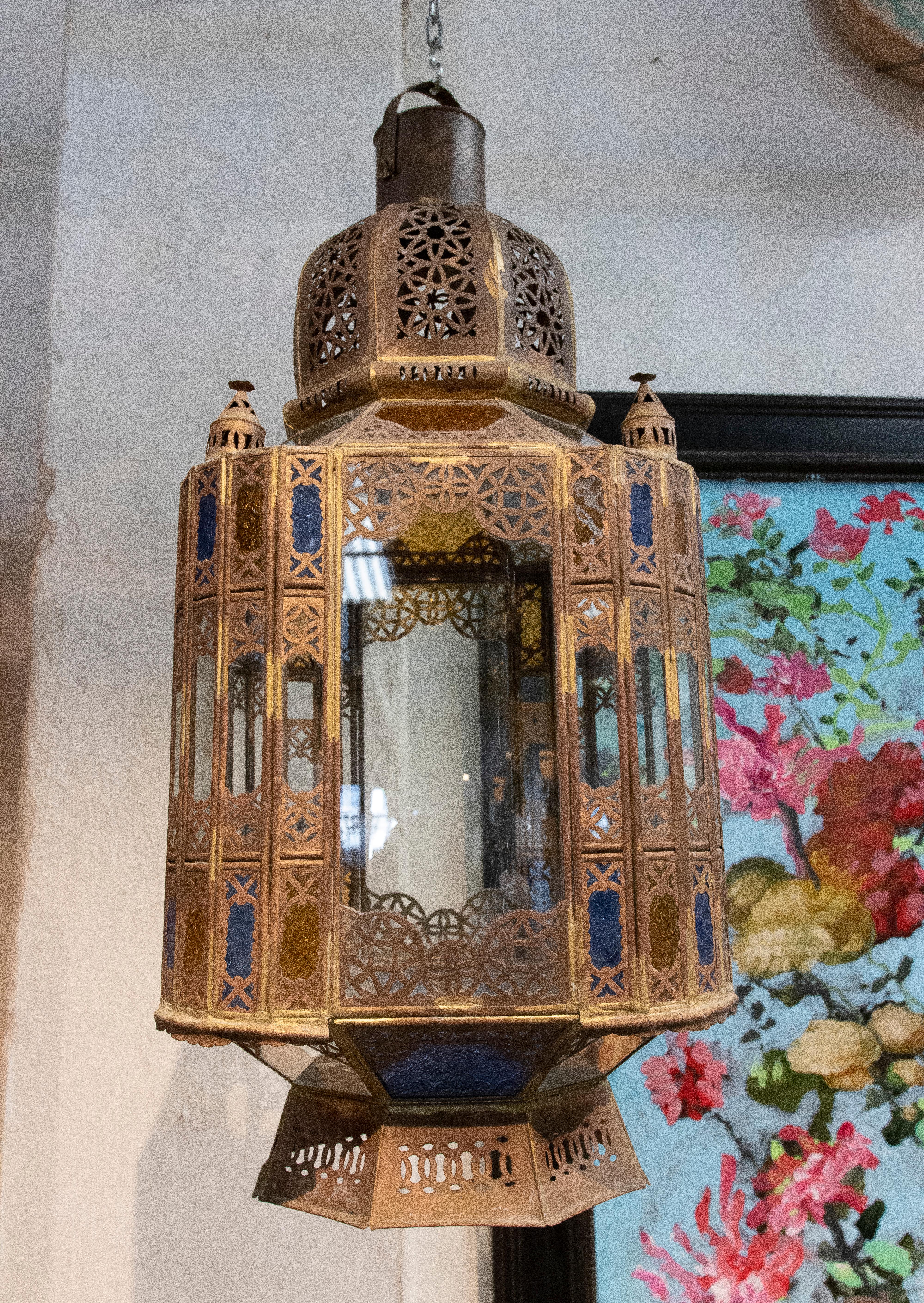 Pair of 1980s Moroccan Iron Hanging Lantern Lamp w/ Coloured Glass 15