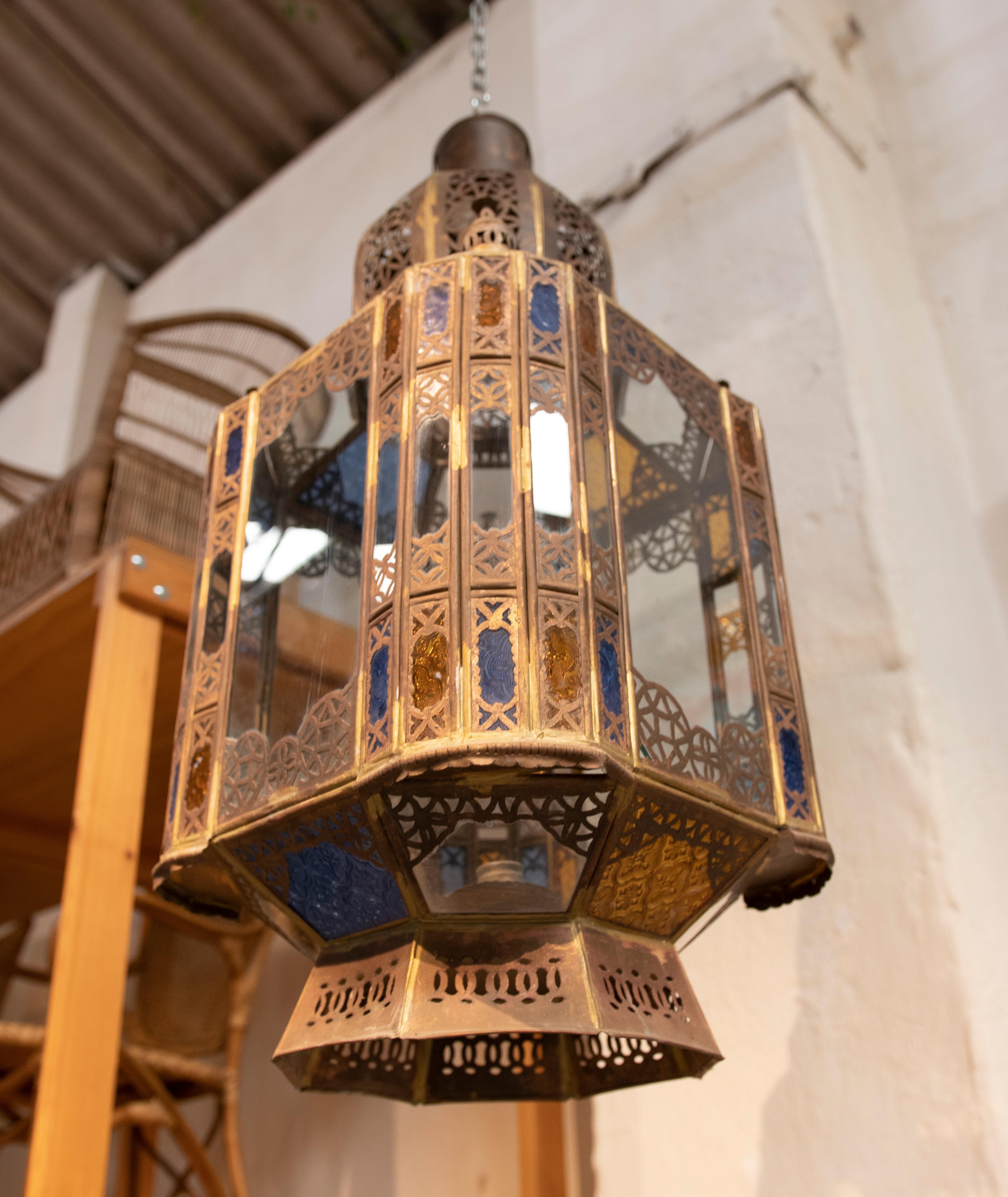 Pair of 1980s Moroccan Iron Hanging Lantern Lamp w/ Coloured Glass 16