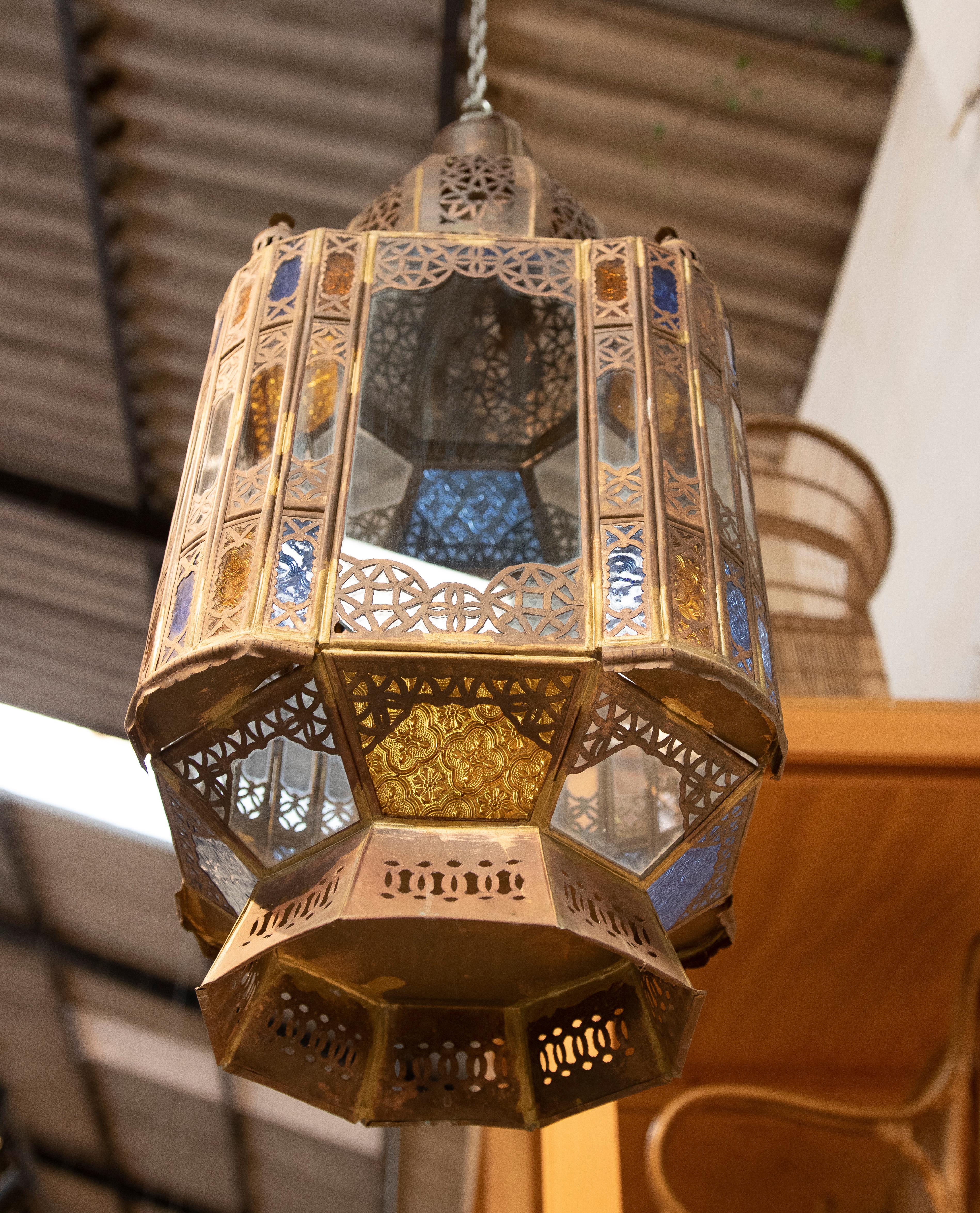 Pair of 1980s Moroccan Iron Hanging Lantern Lamp w/ Coloured Glass In Good Condition In Marbella, ES