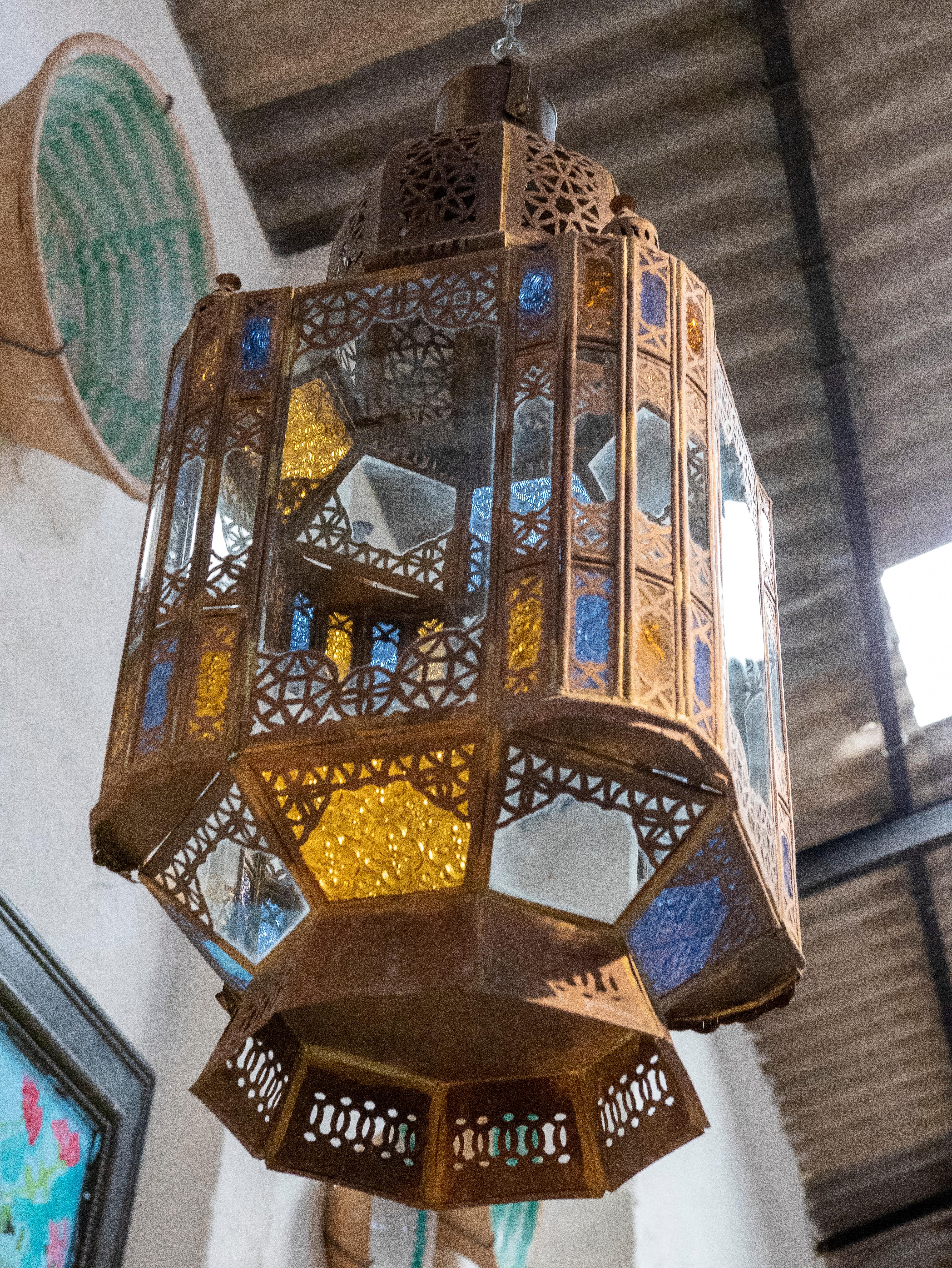 Pair of 1980s Moroccan Iron Hanging Lantern Lamp w/ Coloured Glass 3