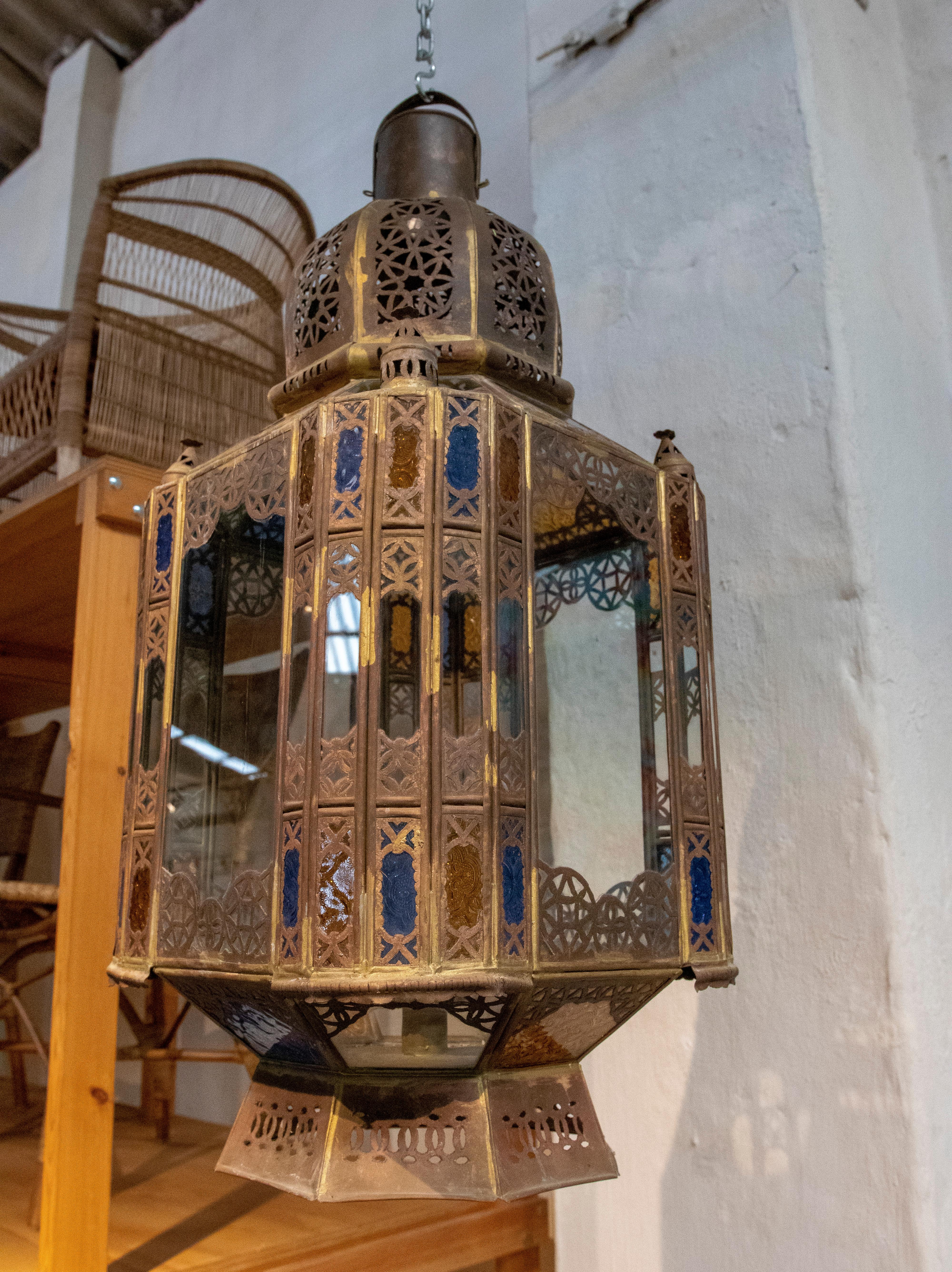 Pair of 1980s Moroccan Iron Hanging Lantern Lamp w/ Coloured Glass 4