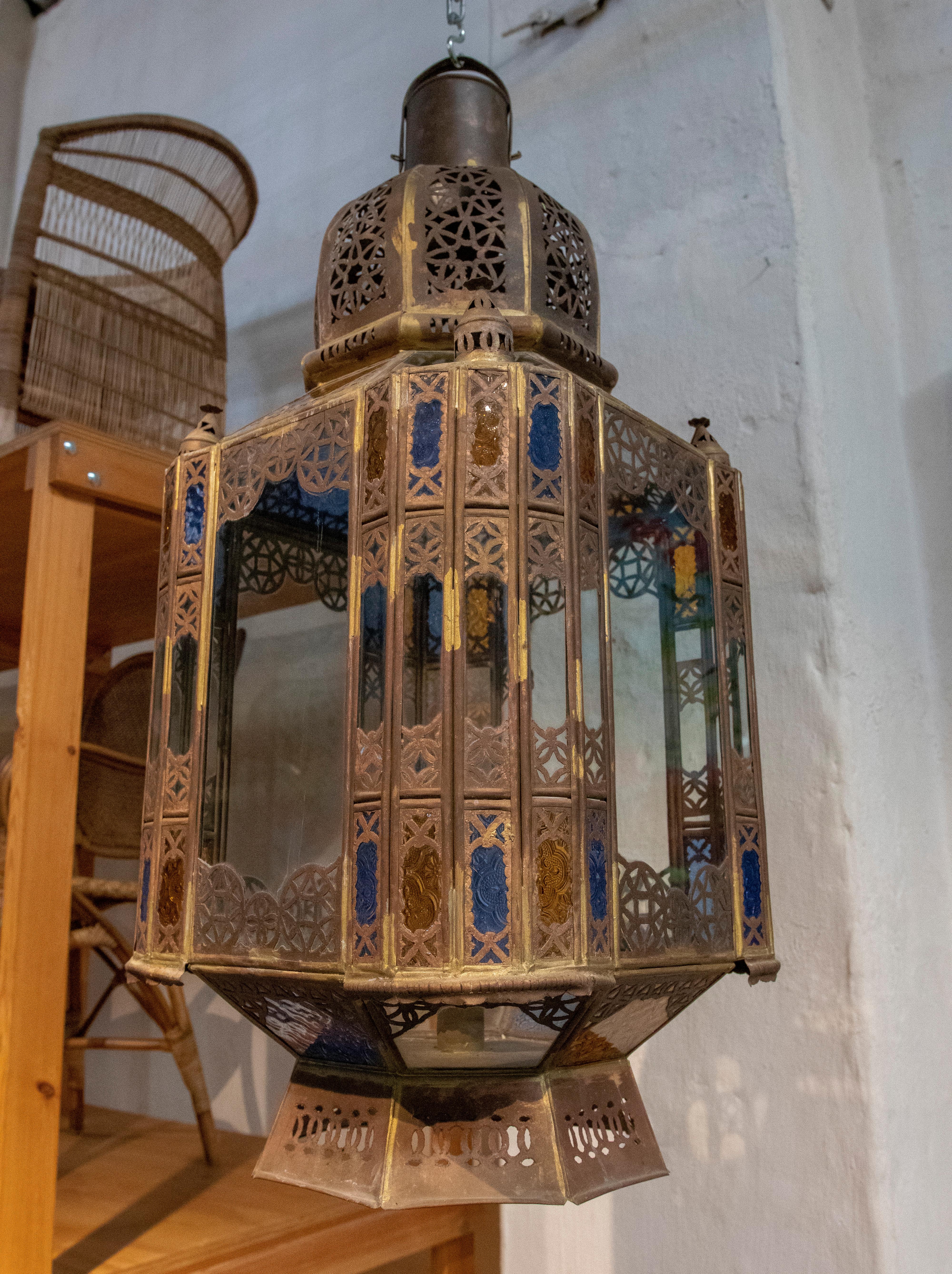 Pair of 1980s Moroccan Iron Hanging Lantern Lamp w/ Coloured Glass 5
