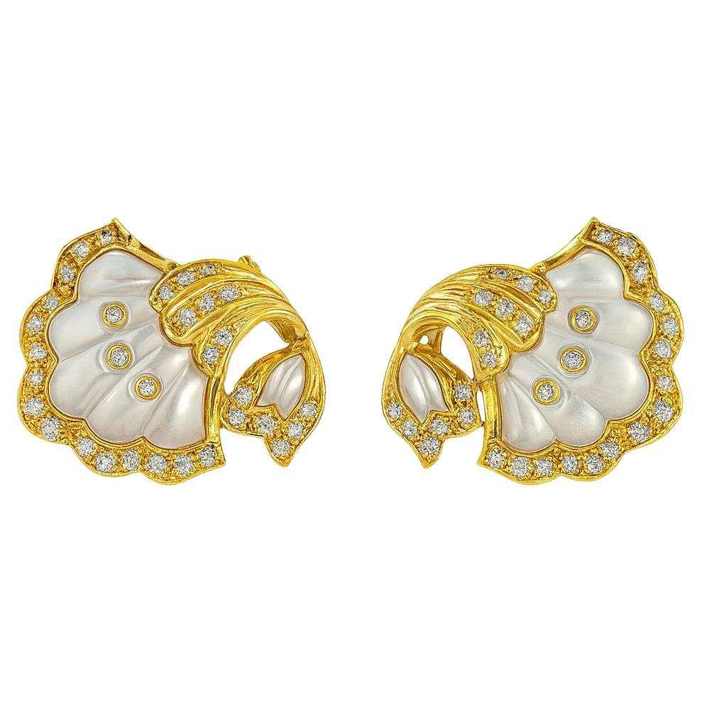 pair of 1980
s mother of pearl and pave diamond clip-on earrin