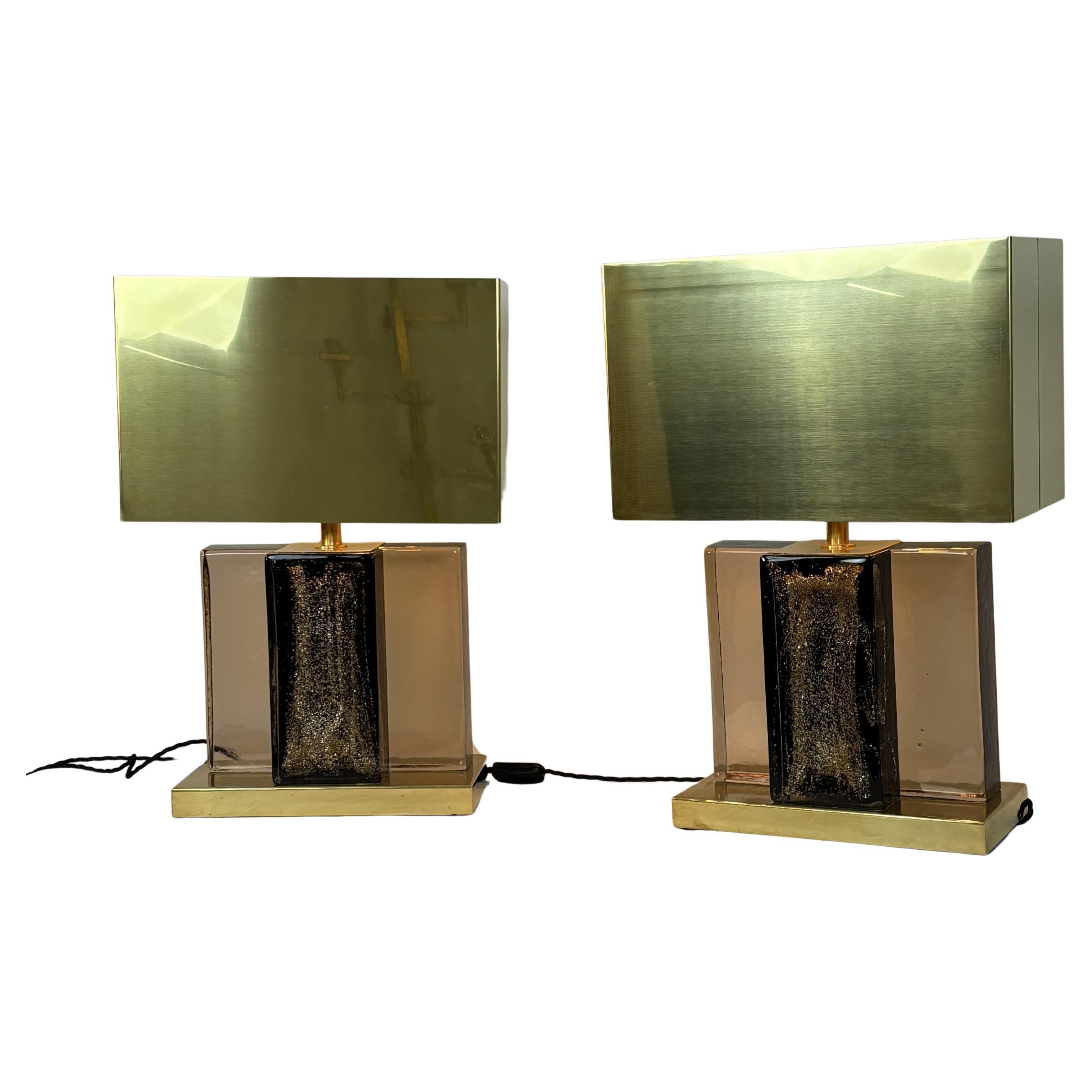 Pair Of 1980s Murano Glass And Brass Table Lamps, 20th Century, Italy
