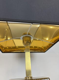 Pair of 1980s Murano Glass and Brass Table Lamps with Black and Gold Shades