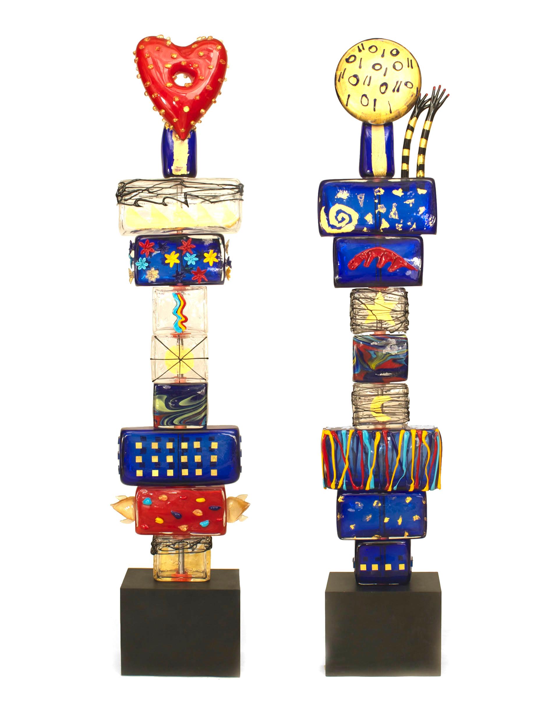 Pair of Italian Post-War Design hand blown multi colored and form Murano glass sculptures (titled: 