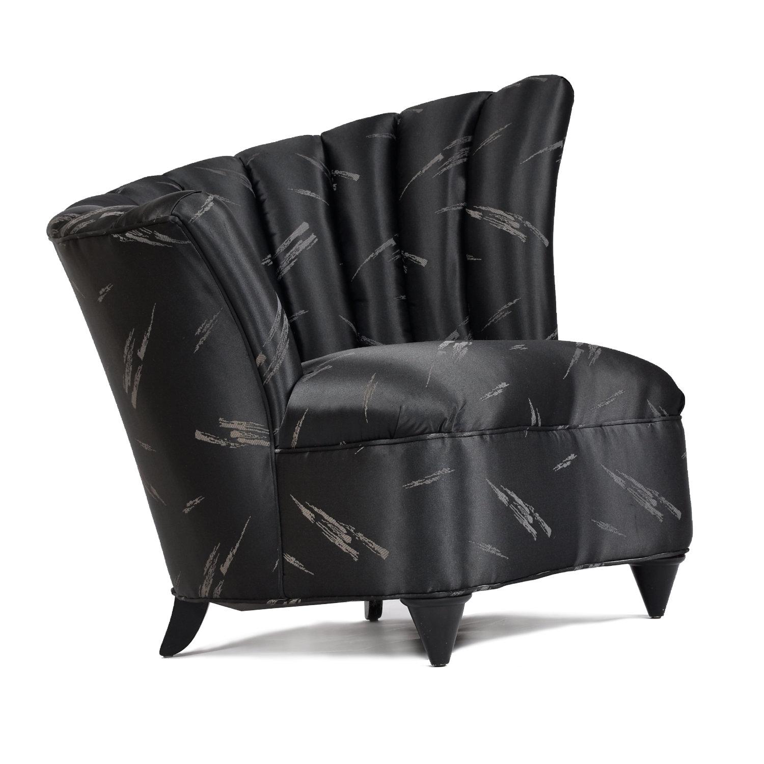 Pair of 1980s Neo-Deco Style Black Satin Scallop Fan Back Slipper Chairs In Good Condition For Sale In Chattanooga, TN