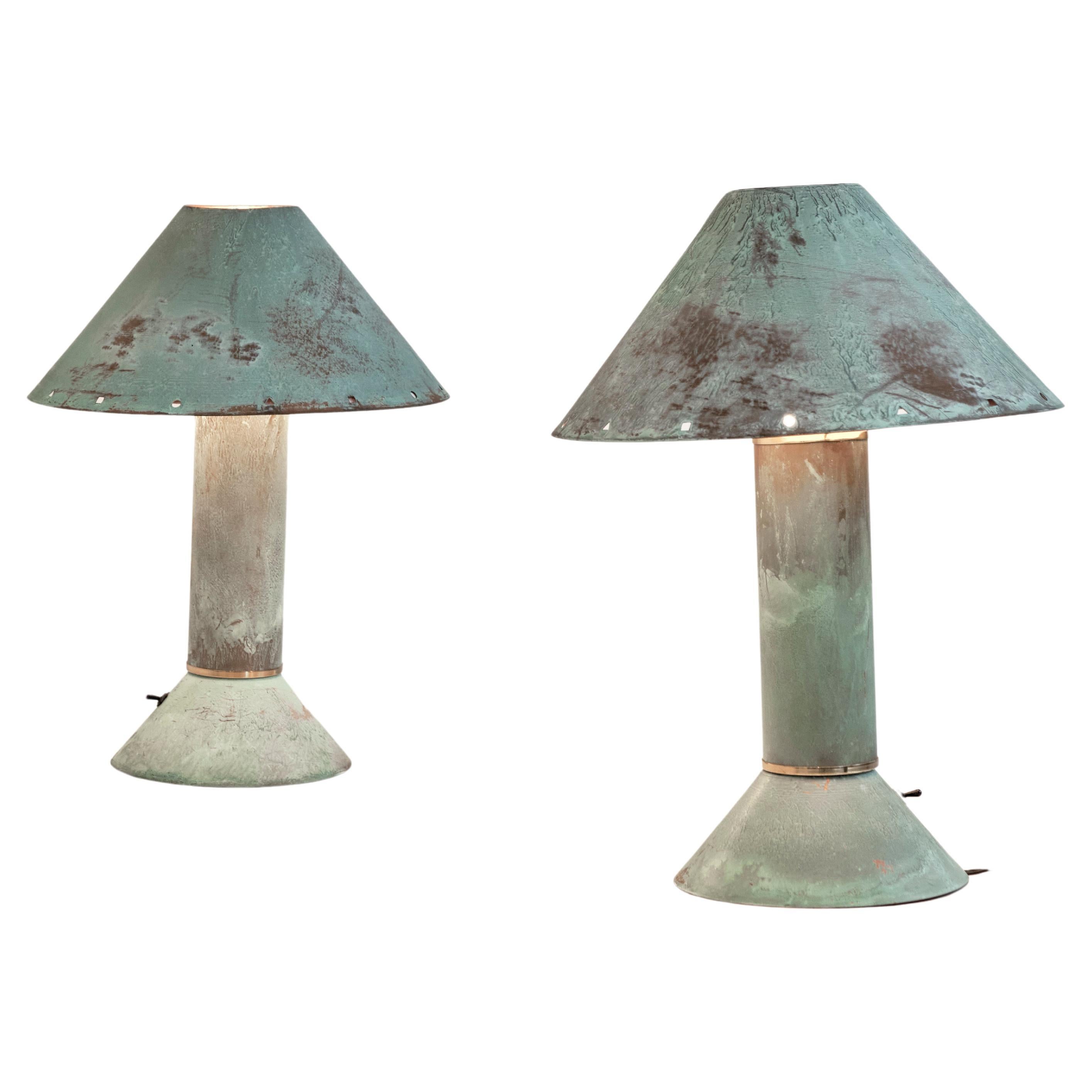 Pair of 1980's Patinated Copper Table Lamps by Ron Rezek 