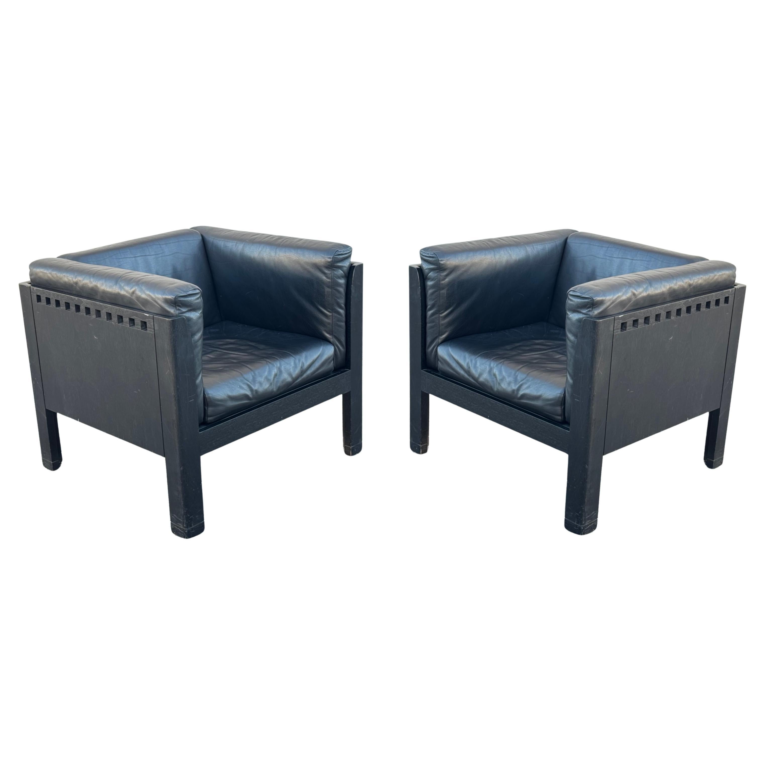 Pair of 1980s Post-Modern Black Lacquer & Leather Cube Club Chairs by Brian Kane