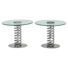 Pair of 1980s Postmodern “Spring Feathers” Steel and Glass Petite Side Tables