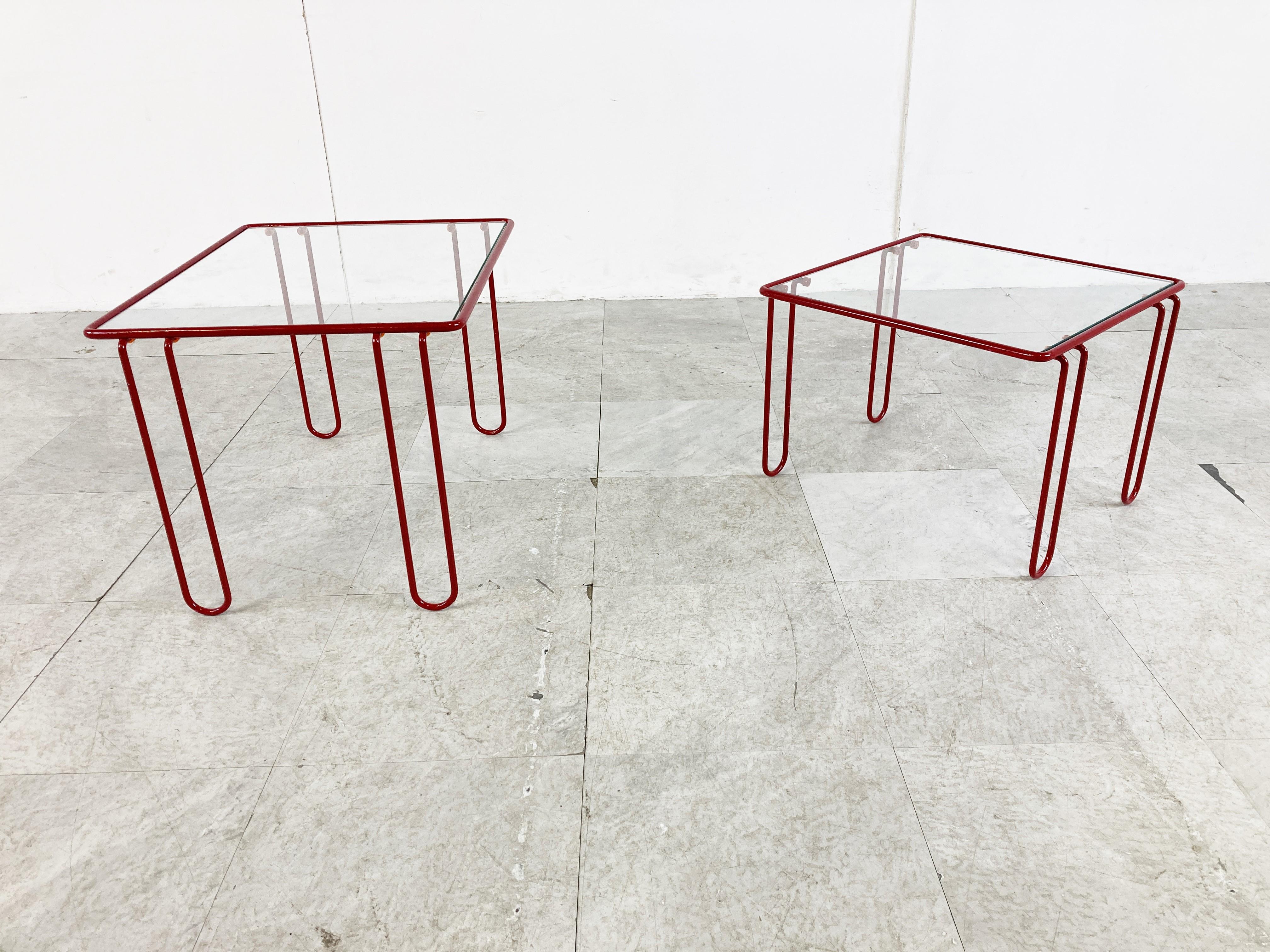 Belgian Pair of 1980s Red Metal Side Tables For Sale
