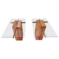 Pair of 1980s Red Travertine and Brass Post Modern Italian Side Tables