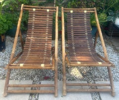 Pair of 1980s Rustic Italian Bamboo Slatted Deck Chairs or Sun Loungers