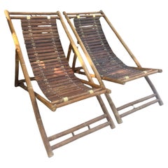 Vintage Pair of 1980s Rustic Italian Bamboo Slatted Deck Chairs or Sun Loungers