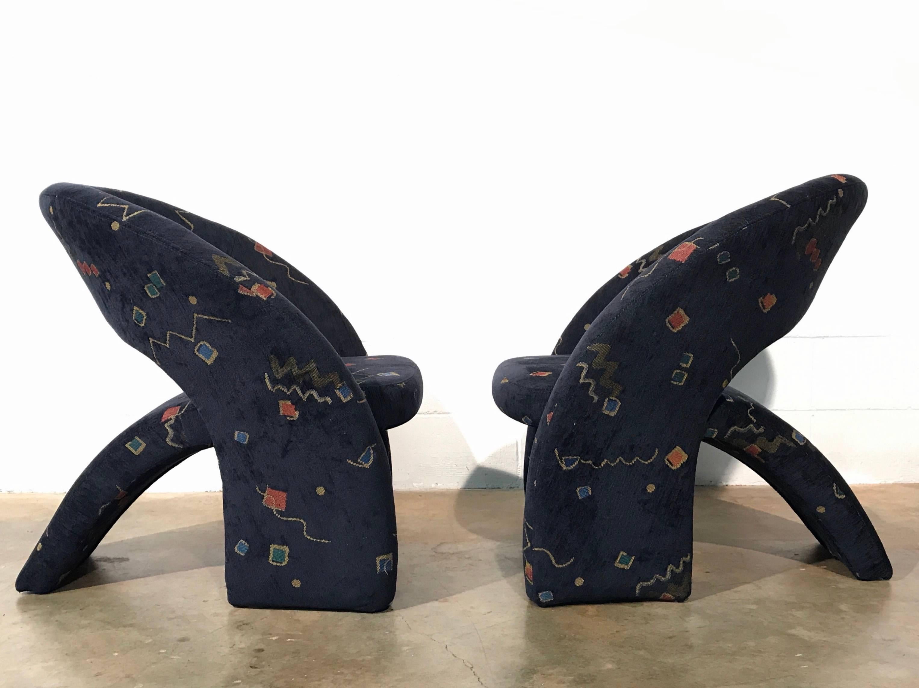 Late 20th Century Pair of 1980s Sculptural Lounge Chairs in Original Fabric