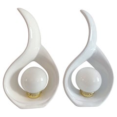 Pair of 1980s Sculptural White Ceramic Teardrop Lamps with Orb Lights Vintage