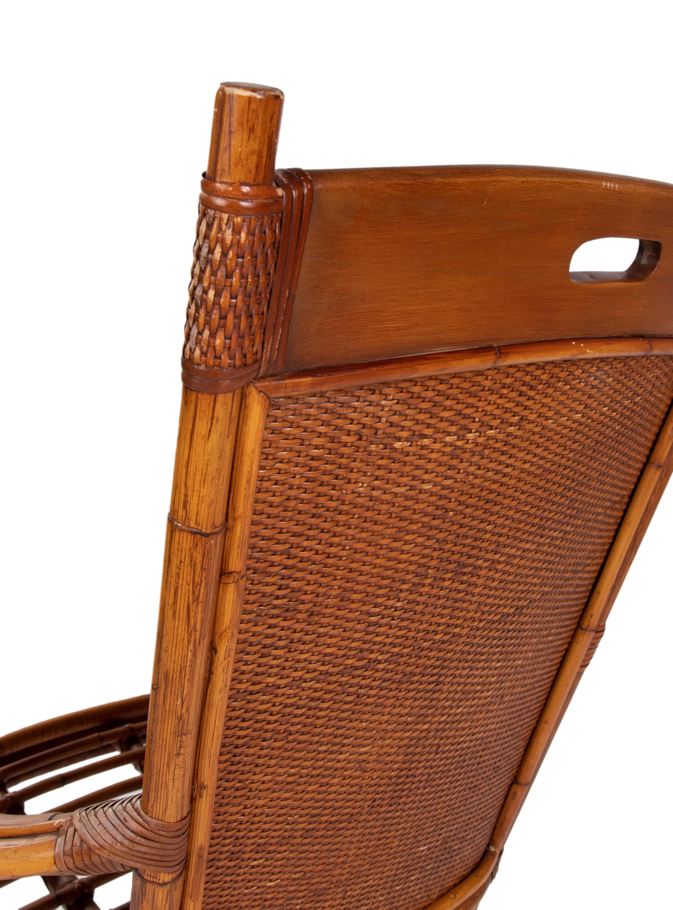 Pair of 1980s Spanish Bamboo & Woven Wicker Rocking Chairs 7