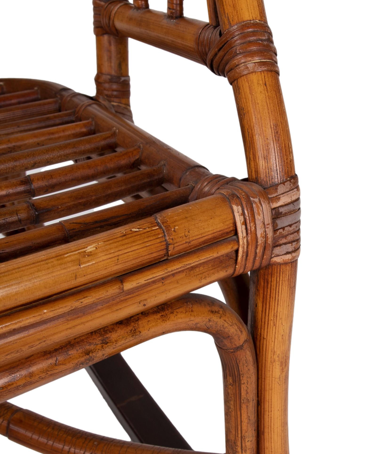 Pair of 1980s Spanish Bamboo & Woven Wicker Rocking Chairs 11
