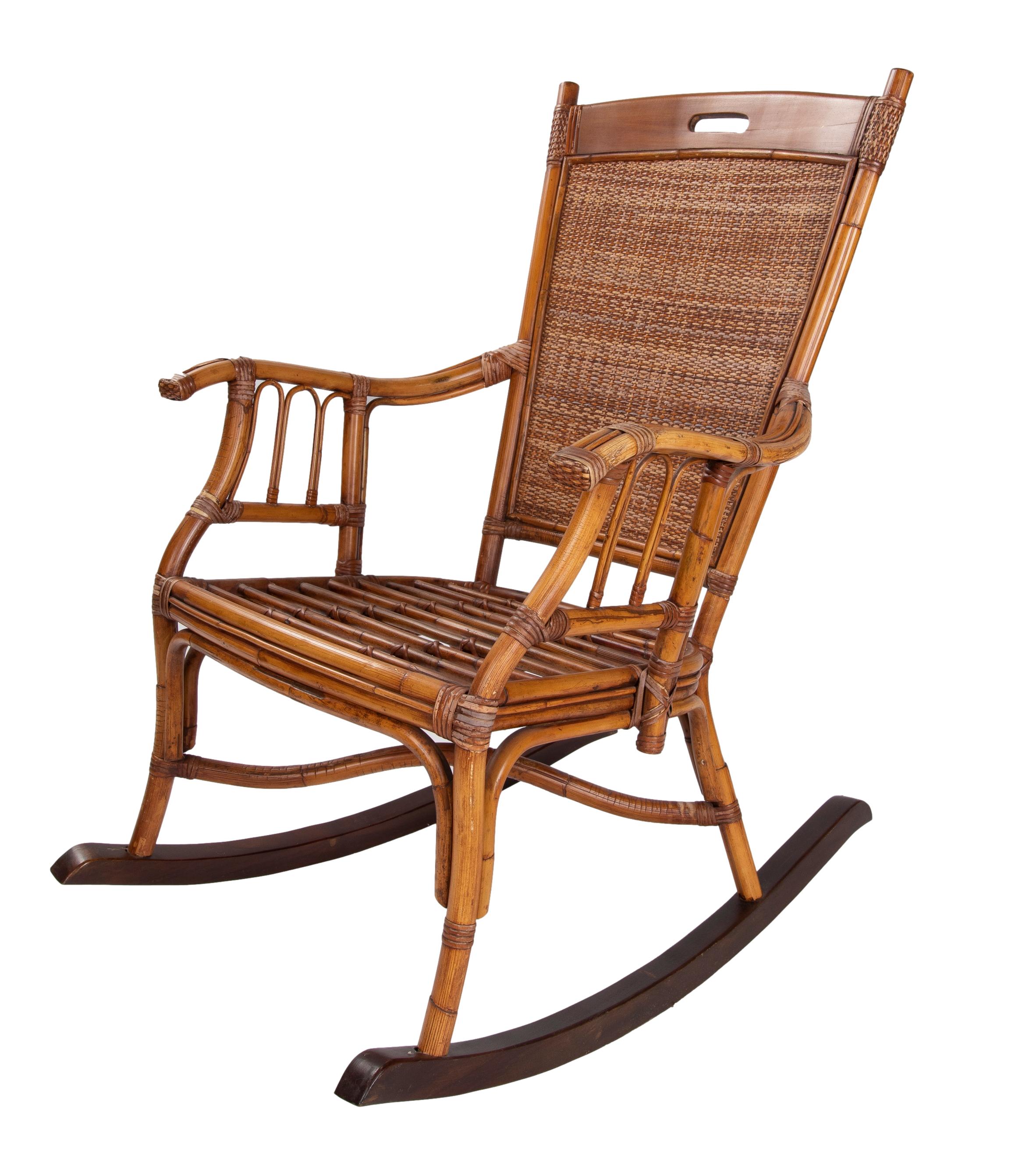 Pair of 1980s Spanish Bamboo & Woven Wicker Rocking Chairs In Good Condition In Marbella, ES