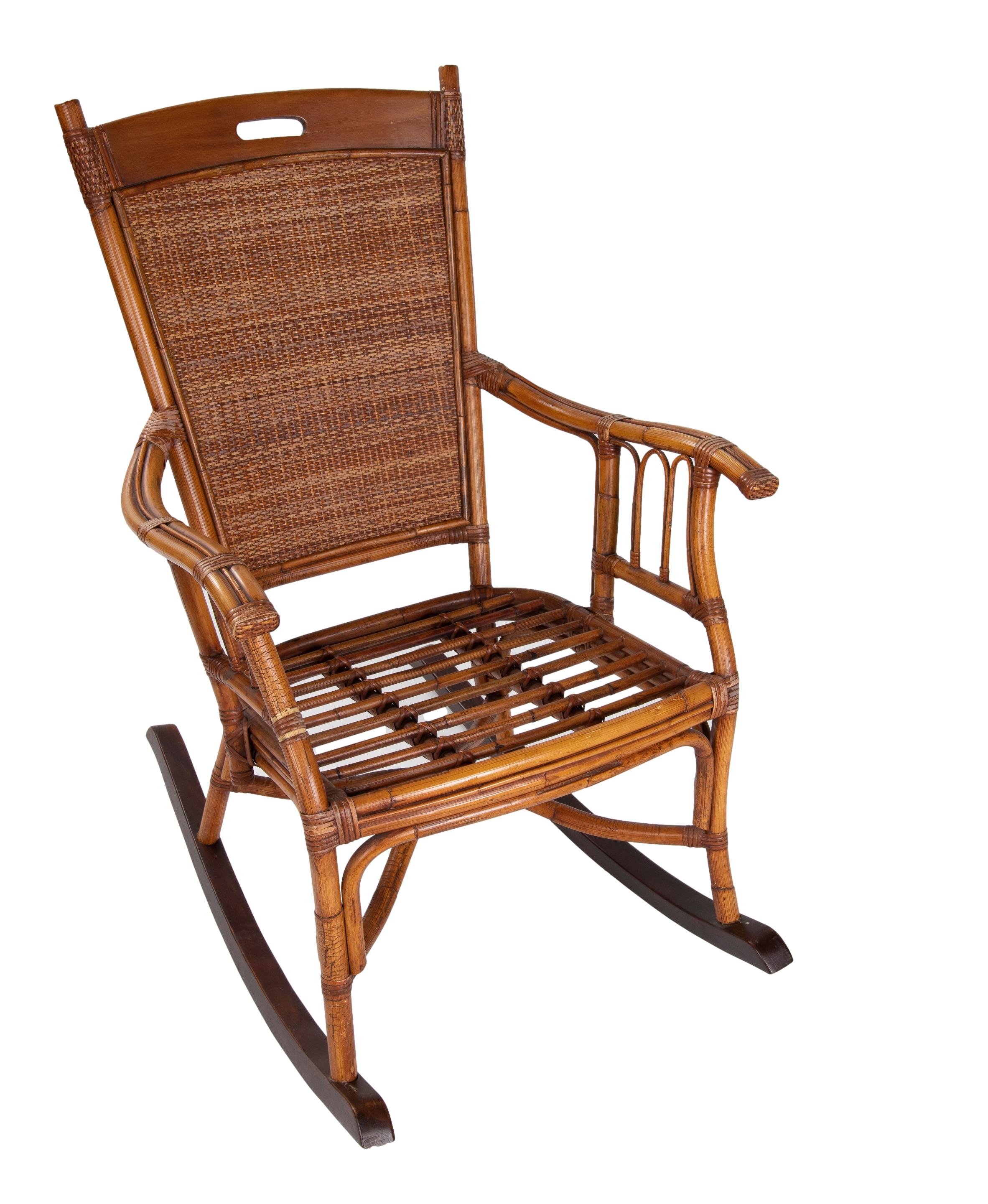 20th Century Pair of 1980s Spanish Bamboo & Woven Wicker Rocking Chairs