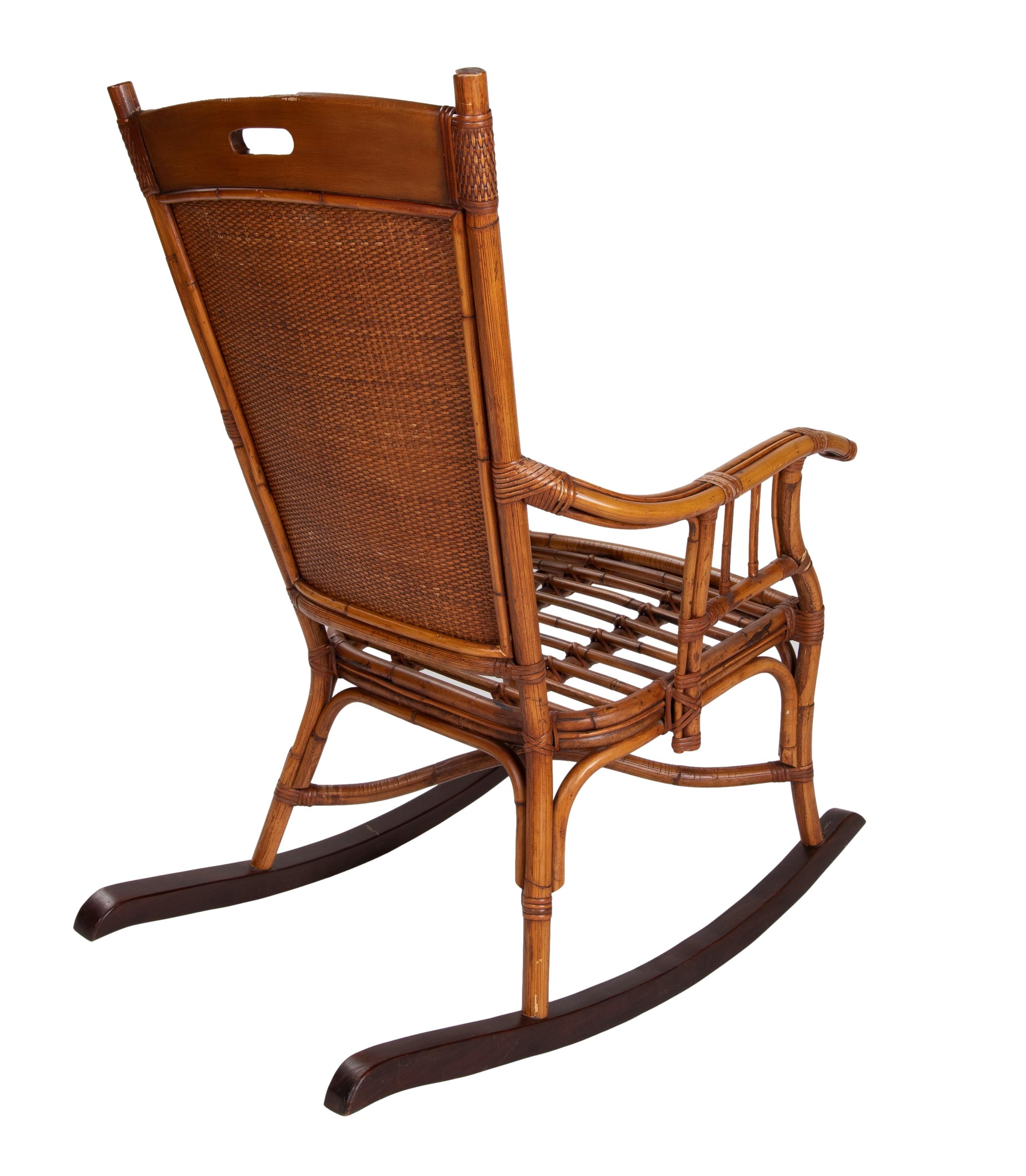 Pair of 1980s Spanish Bamboo & Woven Wicker Rocking Chairs 1