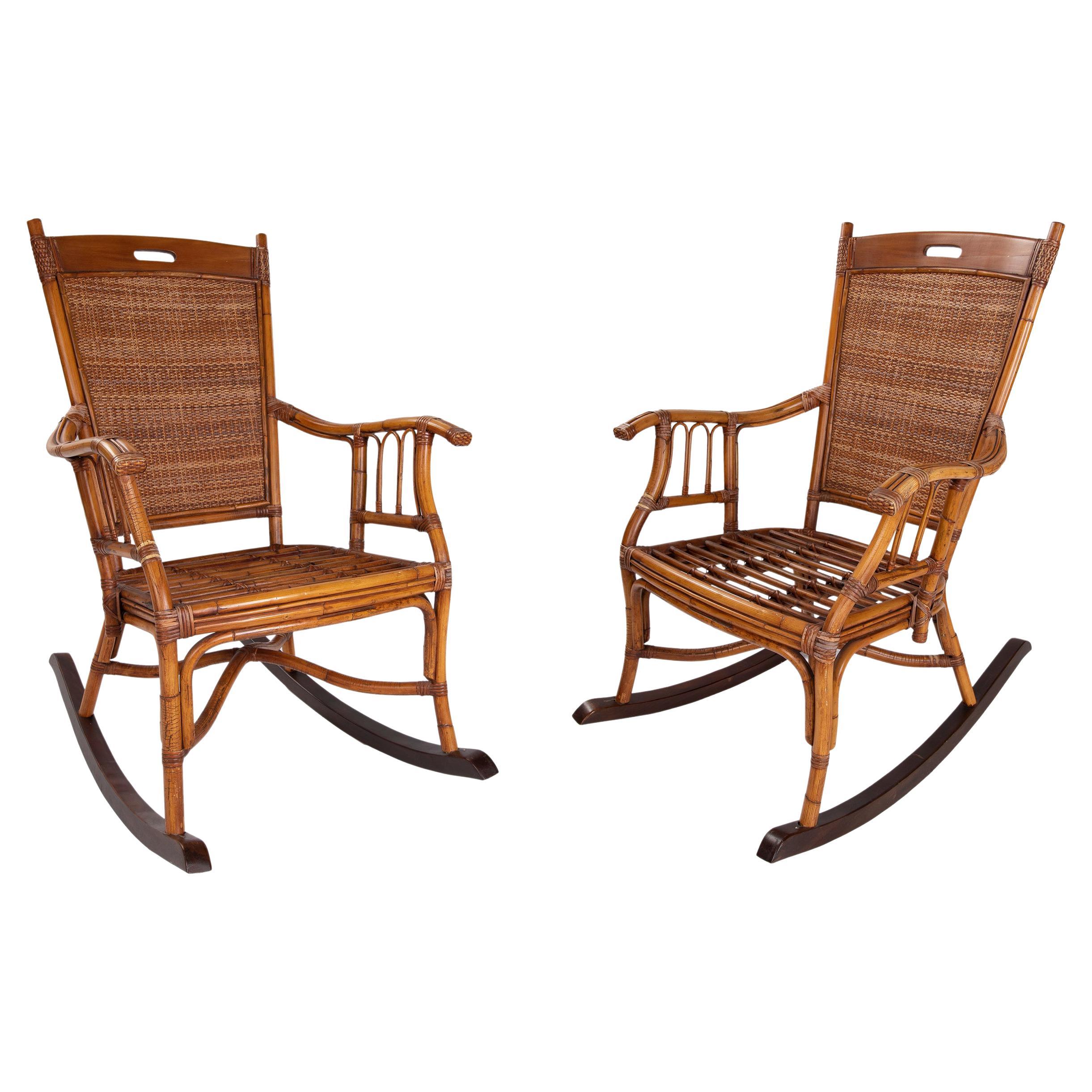 Pair of 1980s Spanish Bamboo & Woven Wicker Rocking Chairs