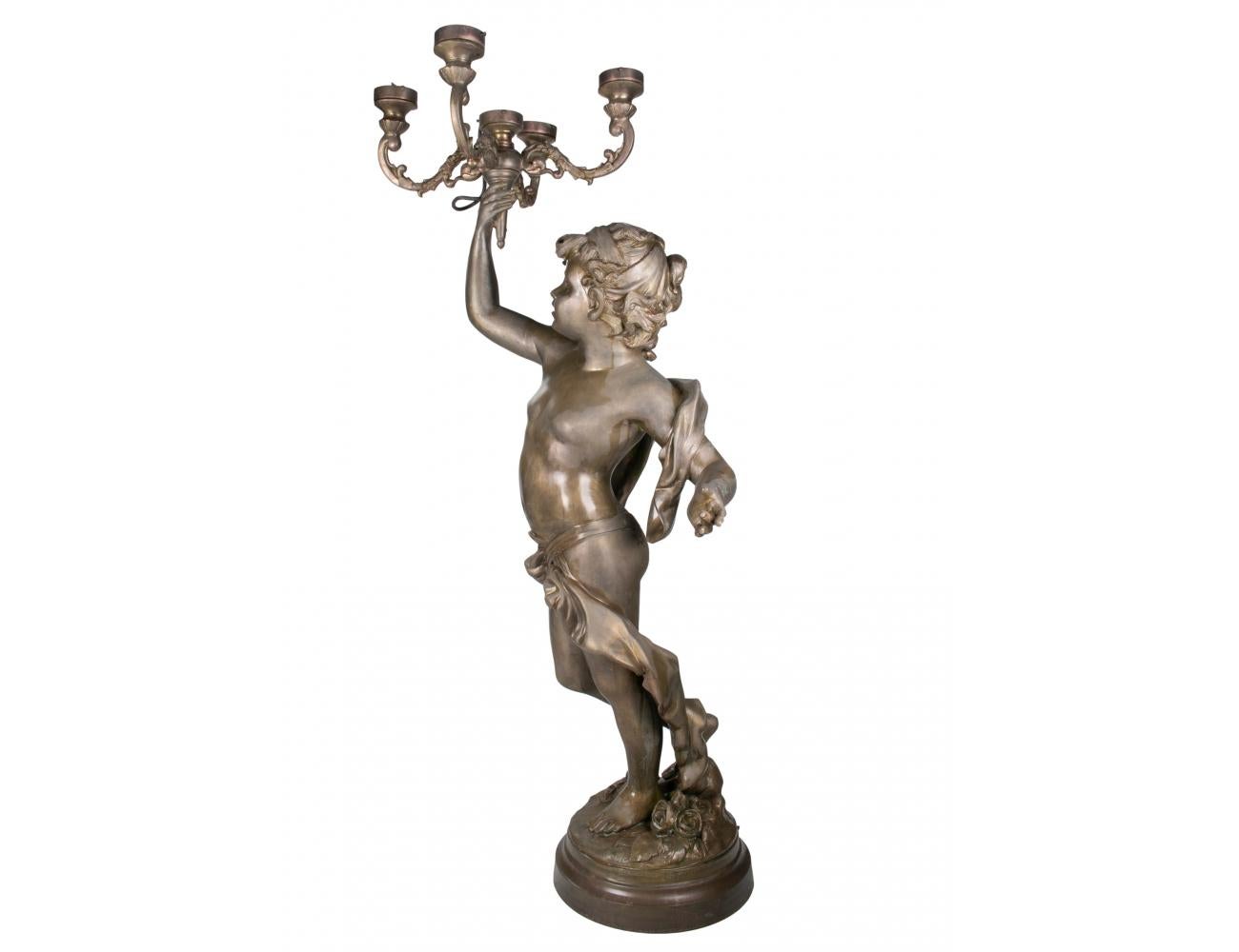 Pair of 1980s Spanish Baroque cast bronze golden boy cherub 4-arm candelabra.