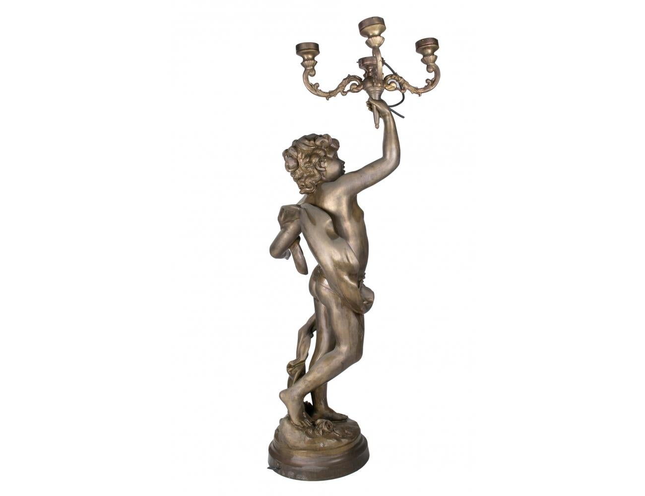 Bronze Pair of 1980s Spanish Baroque Cast Bronce Golden Boy Cherub 4-Arm Candelabras For Sale