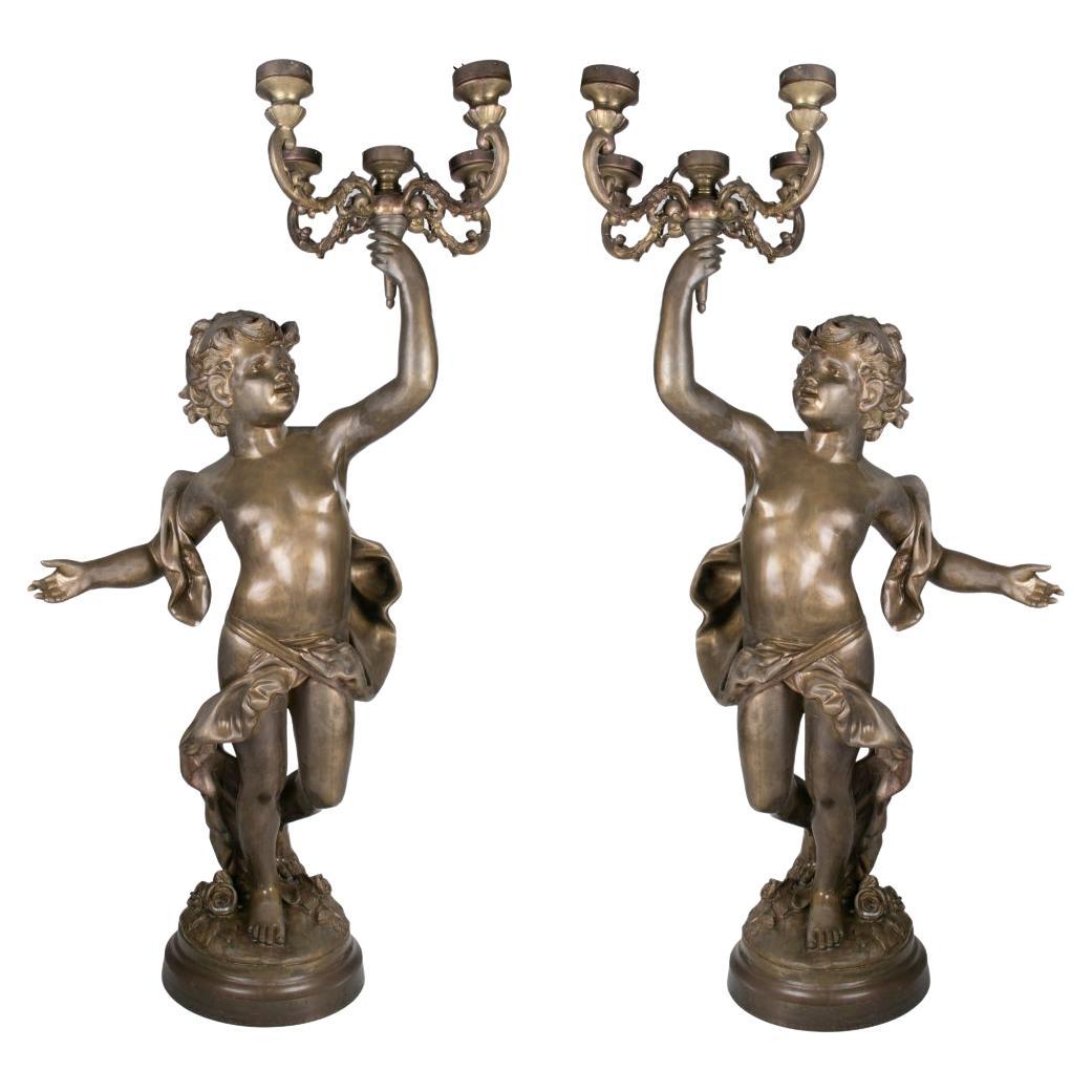 Pair of 1980s Spanish Baroque Cast Bronce Golden Boy Cherub 4-Arm Candelabras For Sale