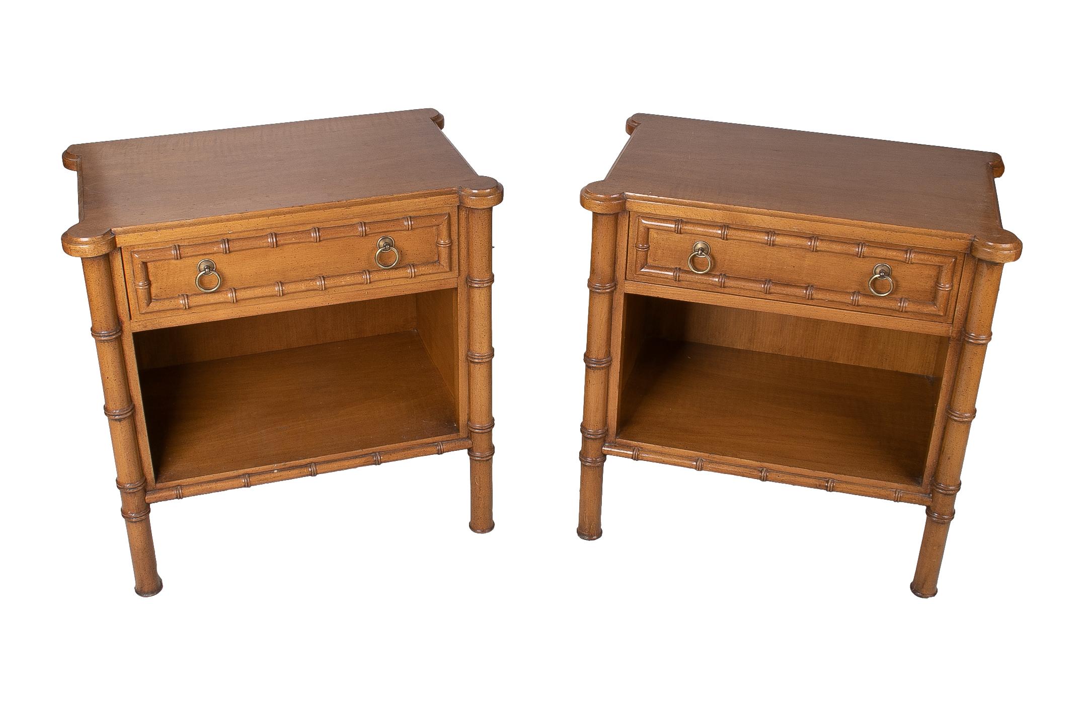 Vintage pair of 1980s Spanish faux bamboo wooden one drawer bedside tables.