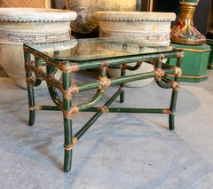 Pair of 1980s Spanish Green Bamboo & Woven Wicker Side Tables w/ Glass Tops
