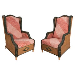 Pair of 1980s Spanish Hand Woven 2-Tone Wicker Upholstered Armchair Sofas