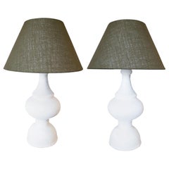 Used Pair of 1980s Spanish White Painted Ceramic Table Lamps