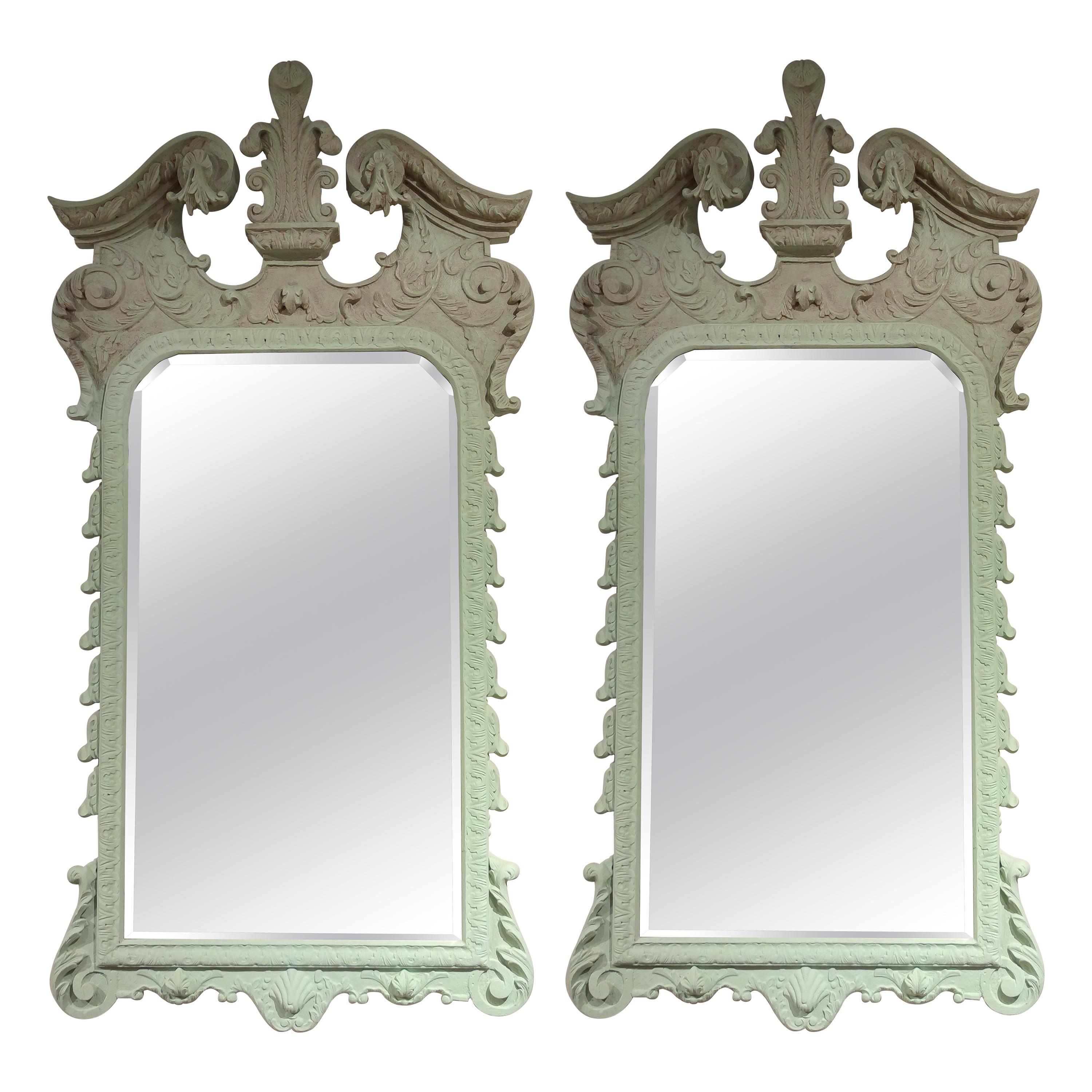 Pair of 1980s Spanish Wooden Mirrors Painted Green