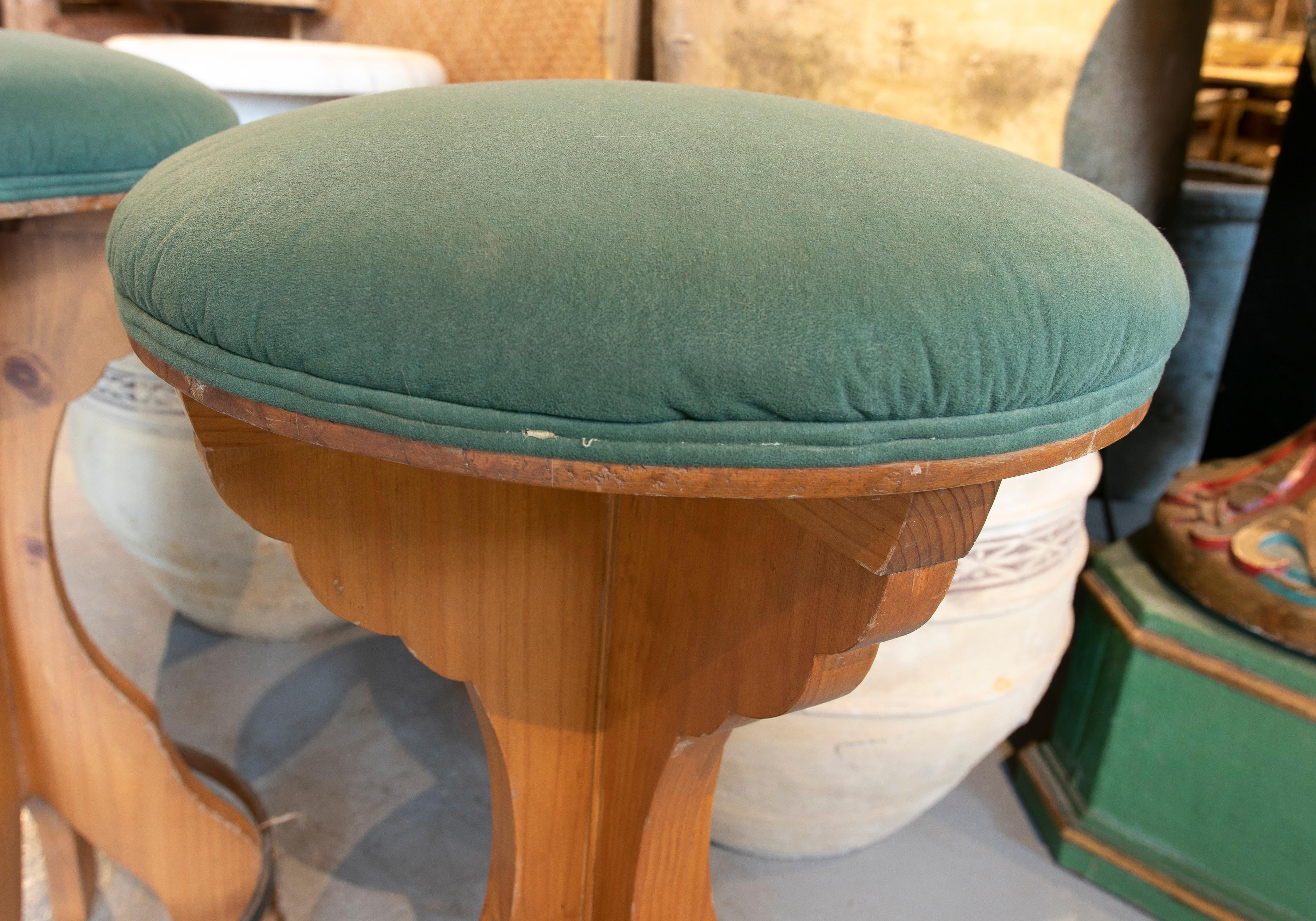 Pair of 1980s Spanish Wooden Stools with Teal Upholstered Seats For Sale 8