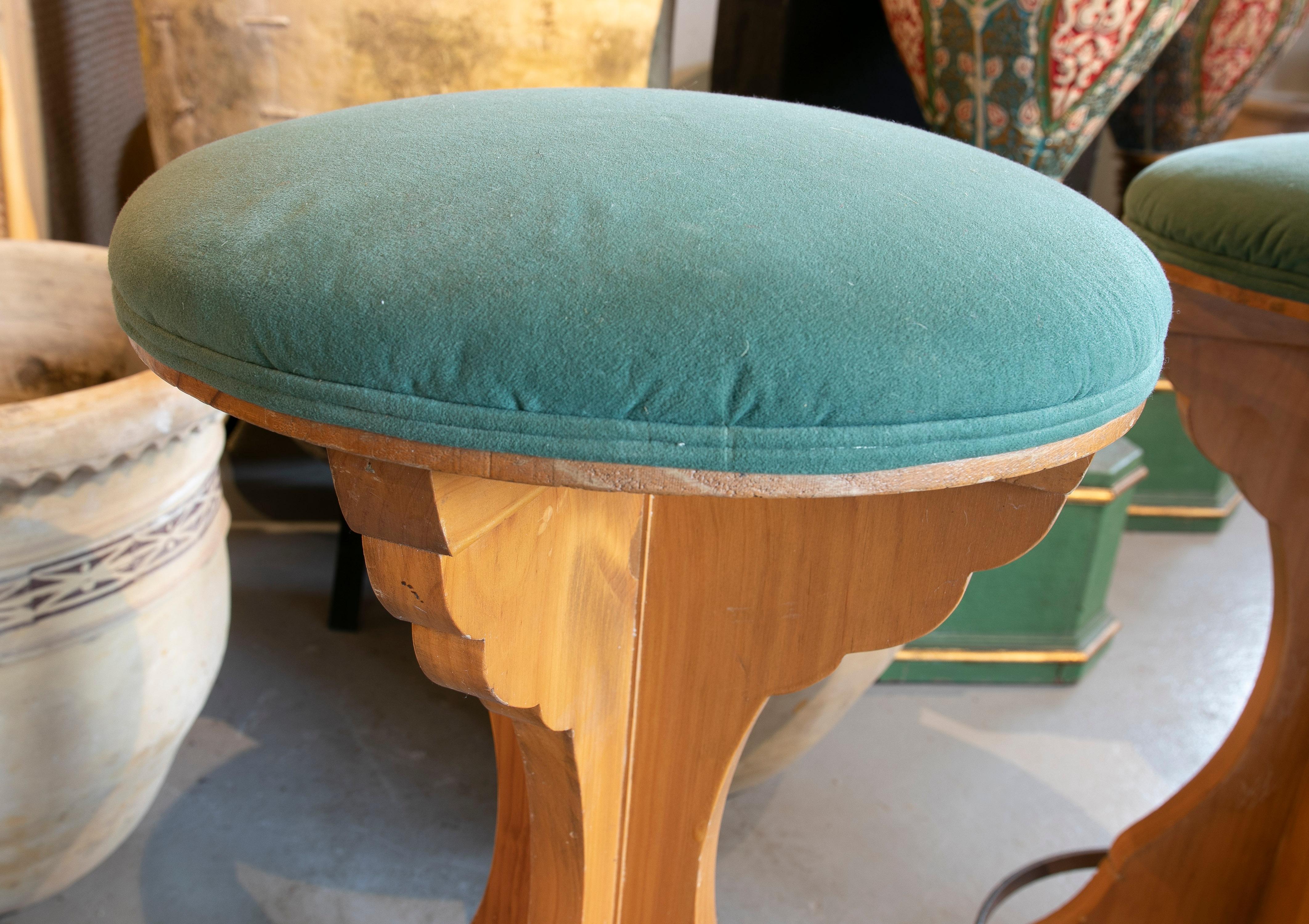 Pair of 1980s Spanish Wooden Stools with Teal Upholstered Seats For Sale 9