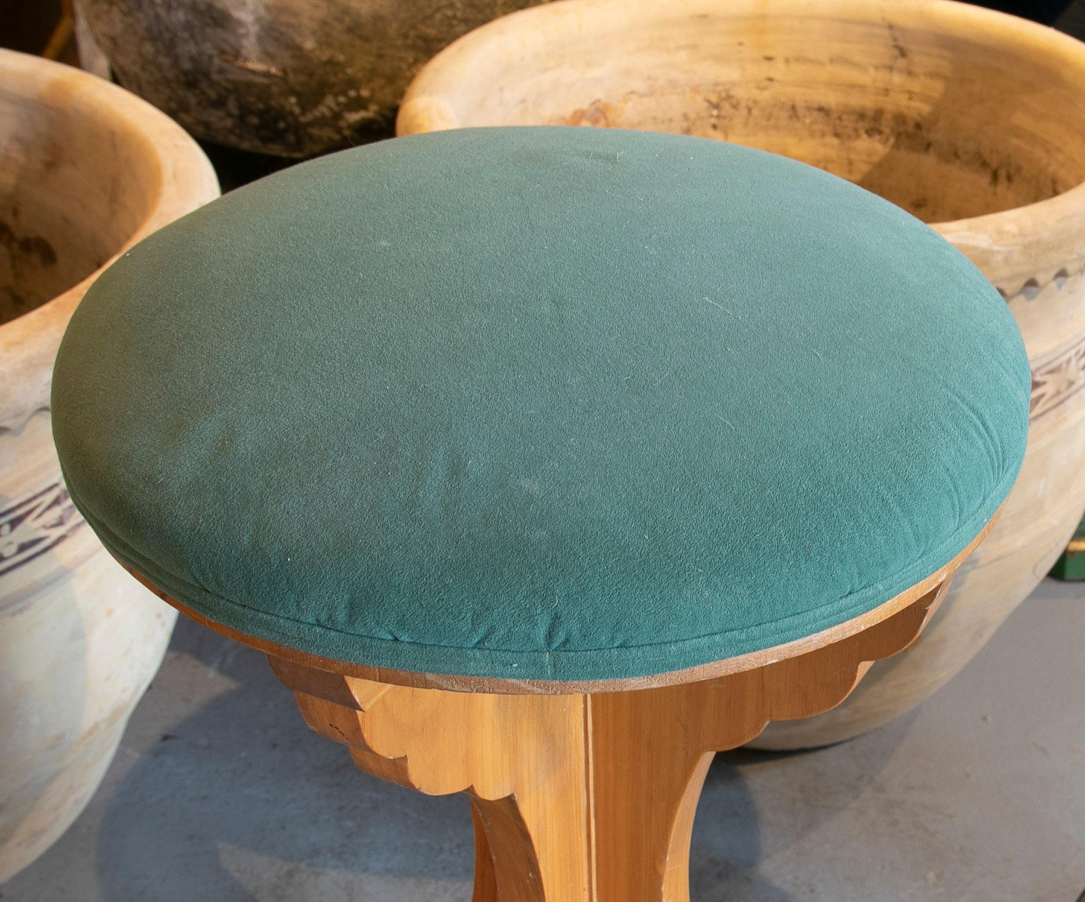 Pair of 1980s Spanish Wooden Stools with Teal Upholstered Seats For Sale 10
